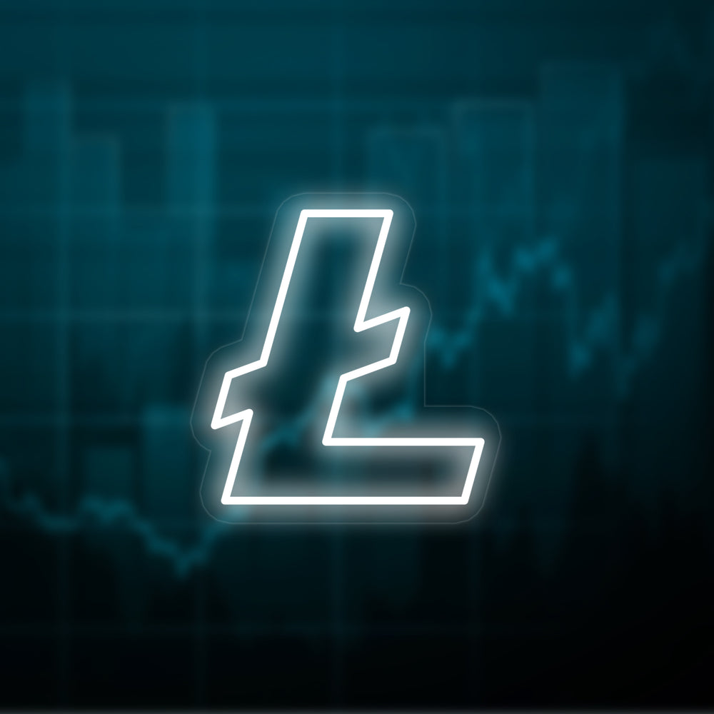A digital rendering of the Litecoin logo stylized as a neon sign concept over a glowing financial chart background.