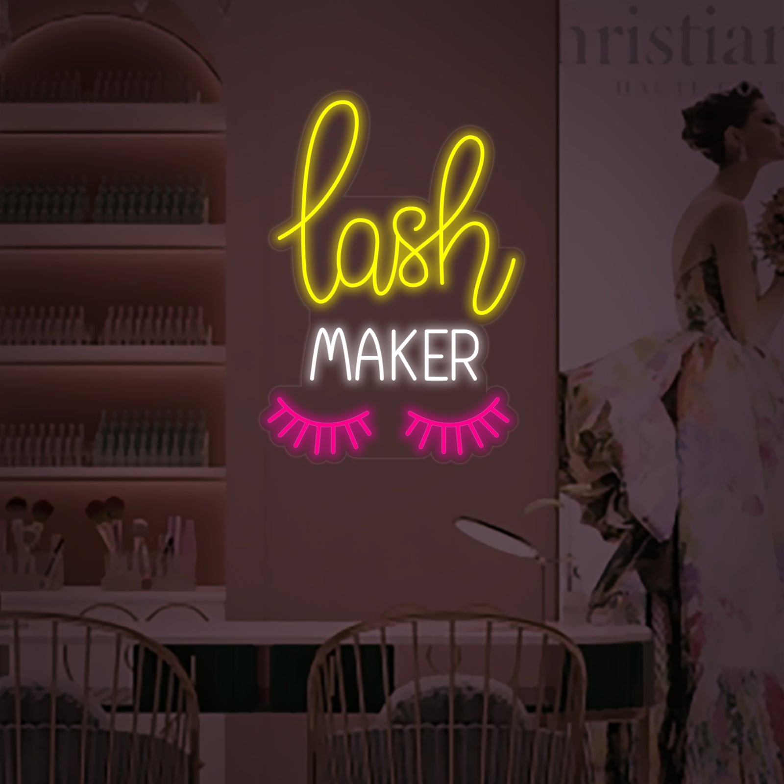 'Lash Maker' decorative neon light glowing pink with an integrated lash icon, adding a stylish touch to a beauty salon environment. This high-quality sign is mounted on clear acrylic with a visible power cord for easy installation.