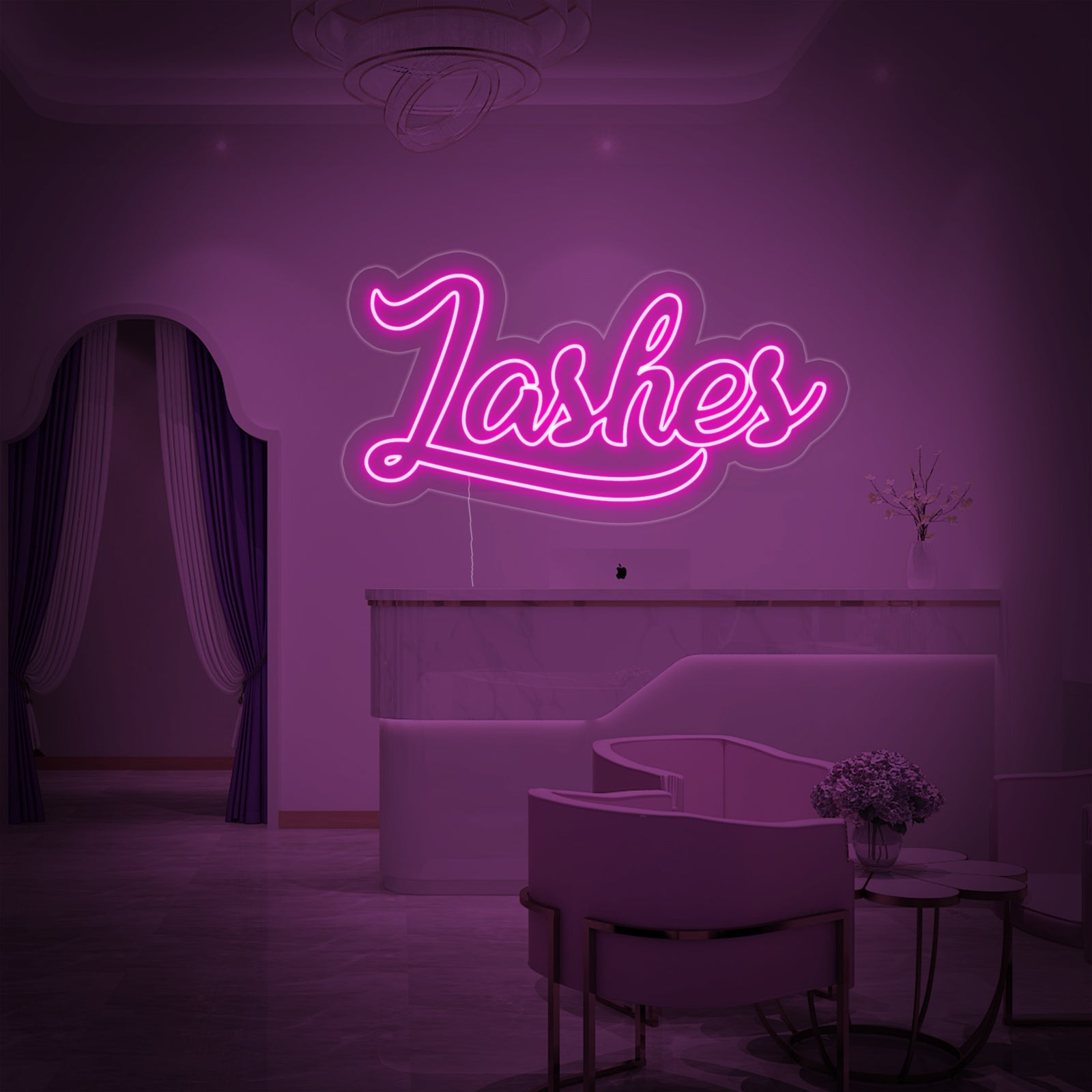 Close-up view of the illuminated Lashes neon sign design with visible acrylic backing and wiring details.