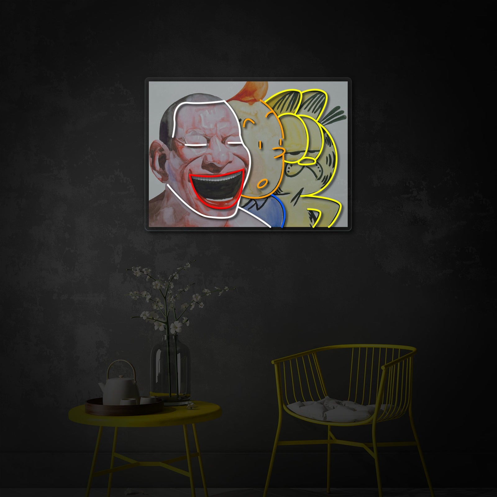 The Laughing Man neon sign shown hanging on a textured wall in a modern living room setting, illuminating the surrounding area.