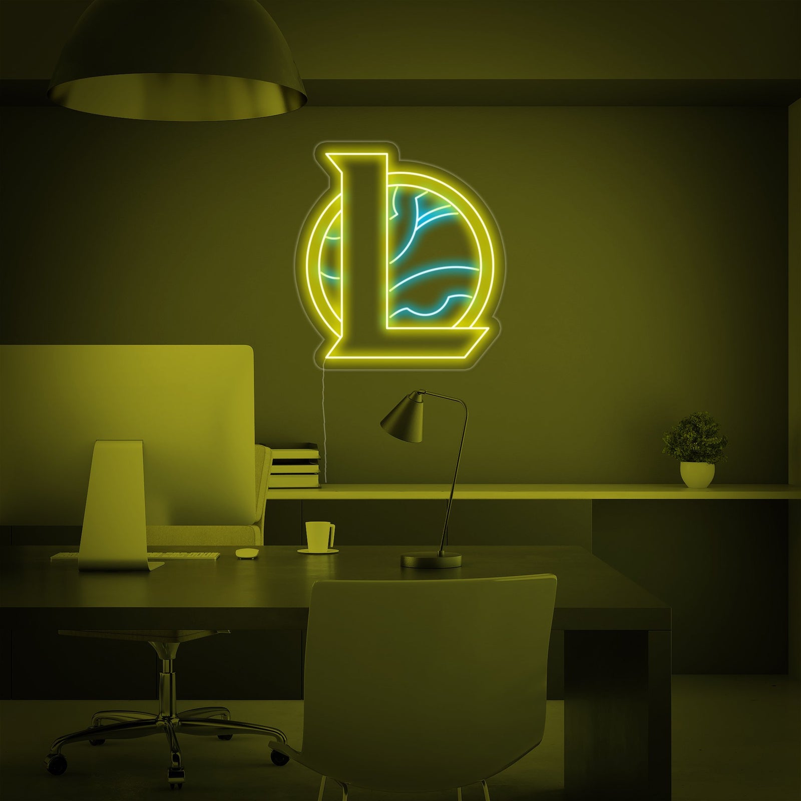 A close-up view of the illuminated blue Legends Logo neon sign, highlighting the tubing and the clear acrylic mounting base.