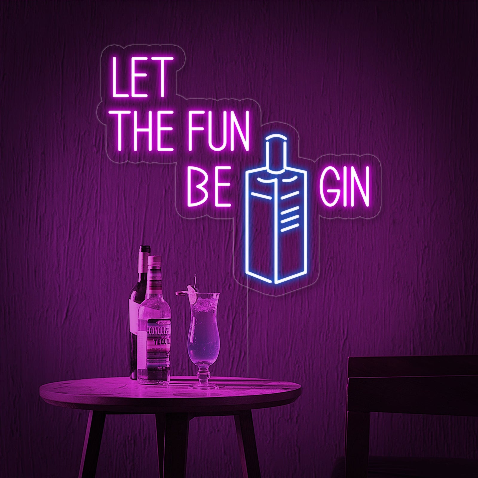 A clear product image showing the 'Let Fun be Gin' neon sign glowing brightly on its acrylic backing with visible mounting hardware against a wooden background.