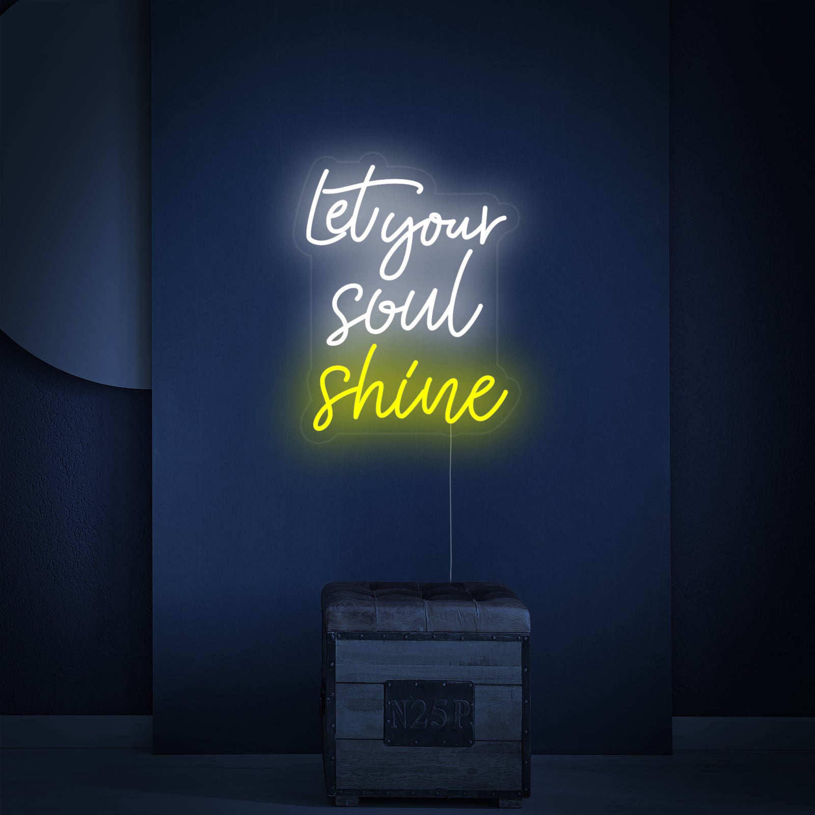 A front view photograph of the 'Let Your Soul Shine' neon sign on its clear acrylic mounting backboard.