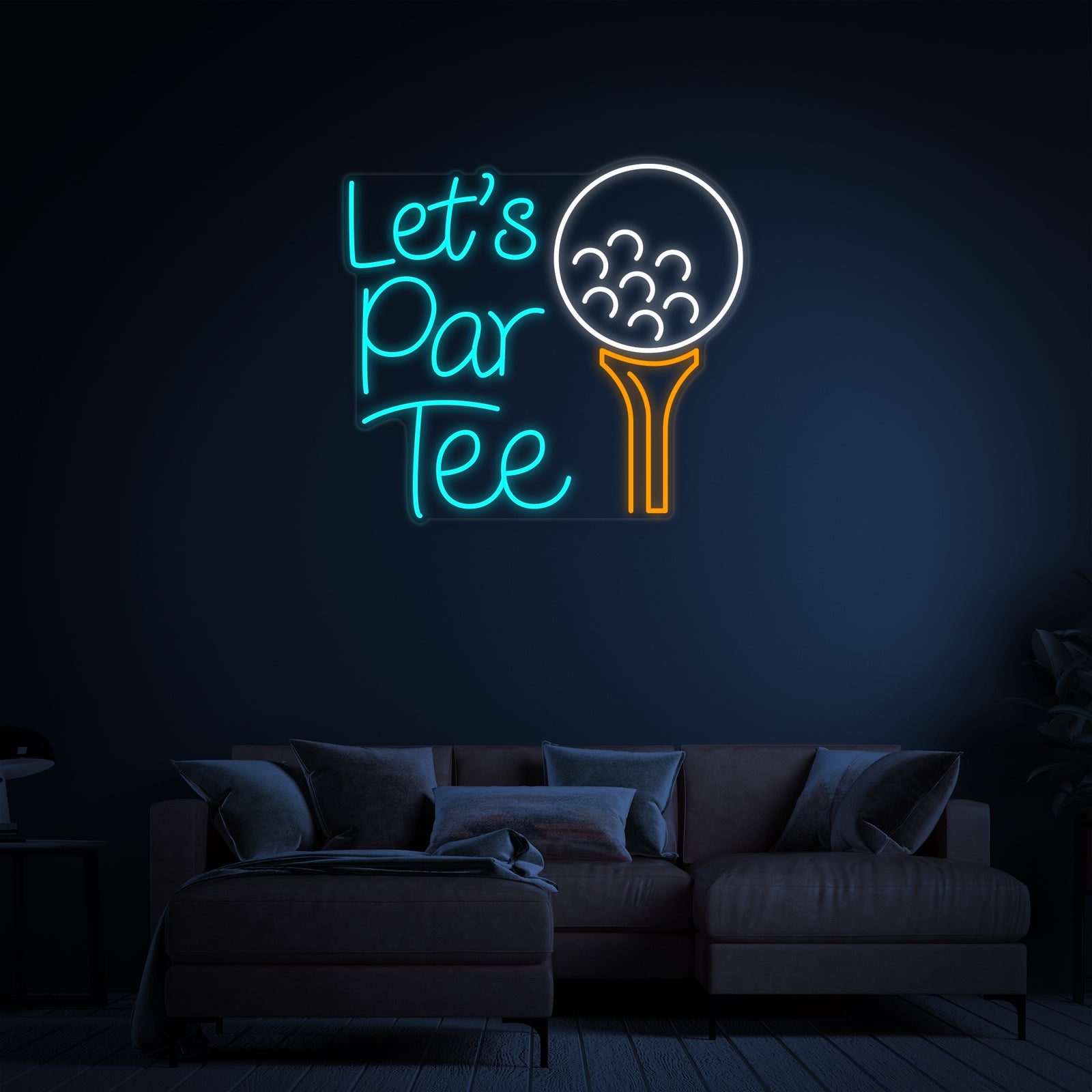 The 'Lets Par Tee Golf' neon sign with a golf club detail, illuminated and displayed as stylized wall decor above a sofa in a modern living room setting.