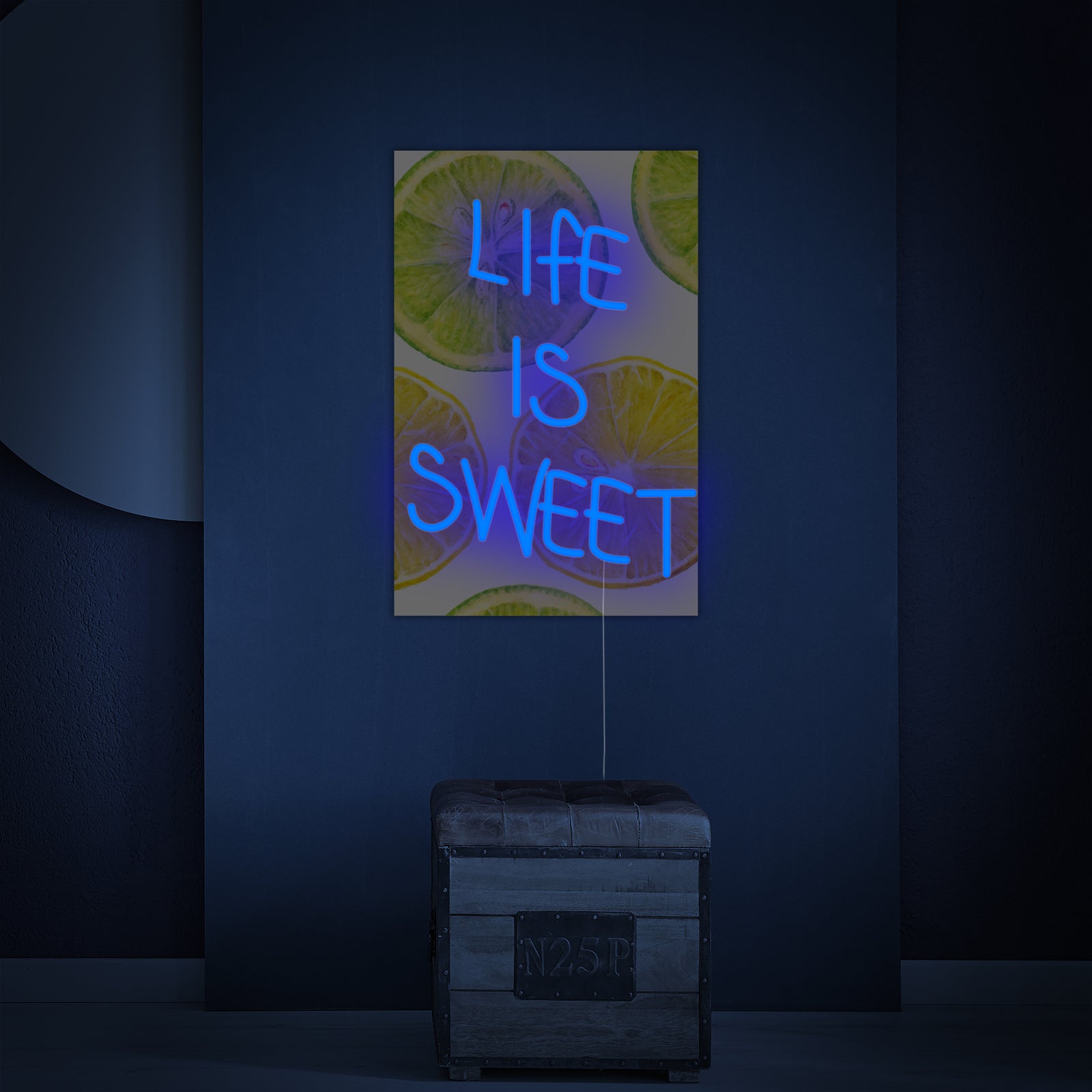 A digital rendering of the 'Life Is Sweet' neon sign featuring colorful ice cream and candy illustration details on the background.