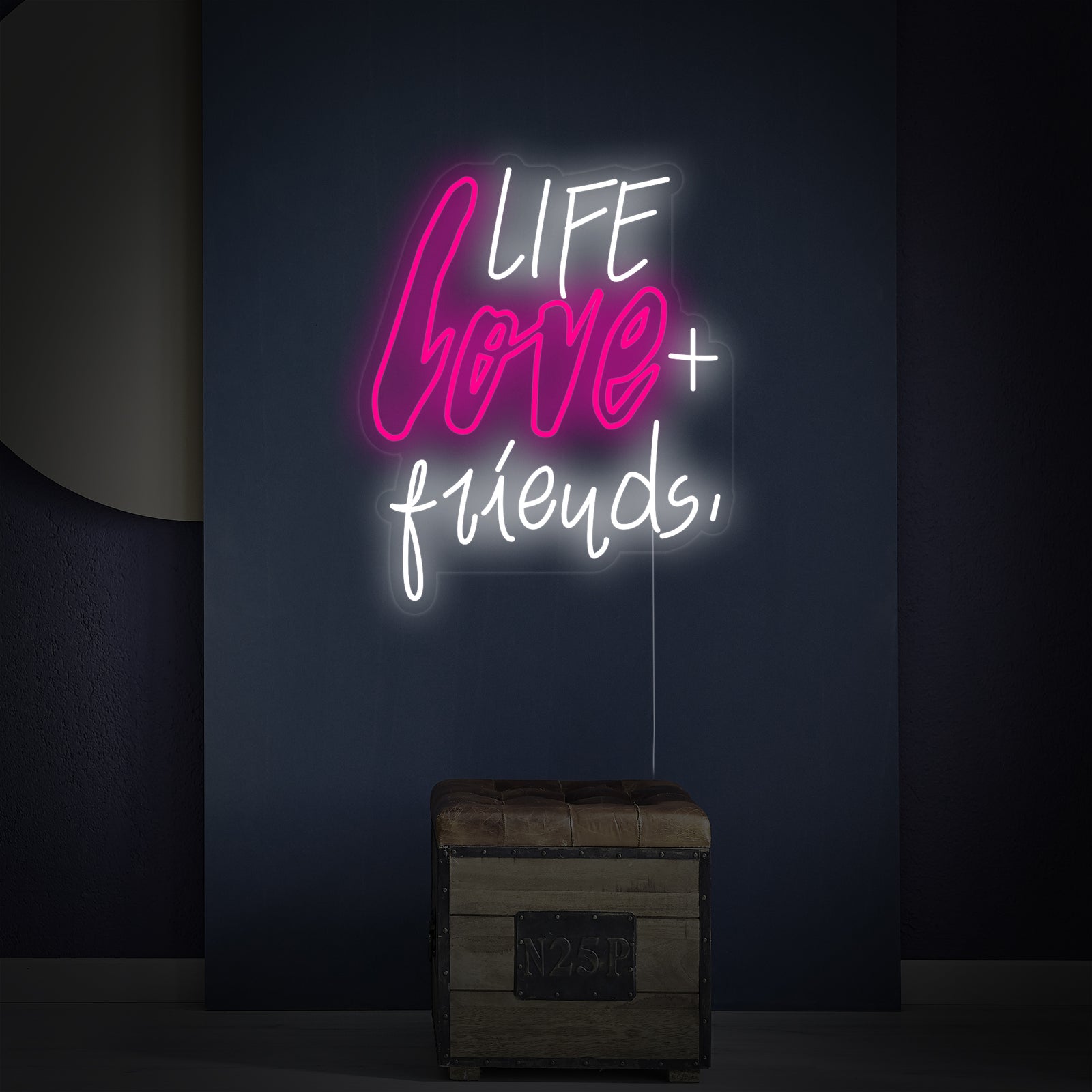 A clean, detailed photo of the 'Life Love Friends' white neon sign on a simple white background, showing its clear acrylic backing and power cord.