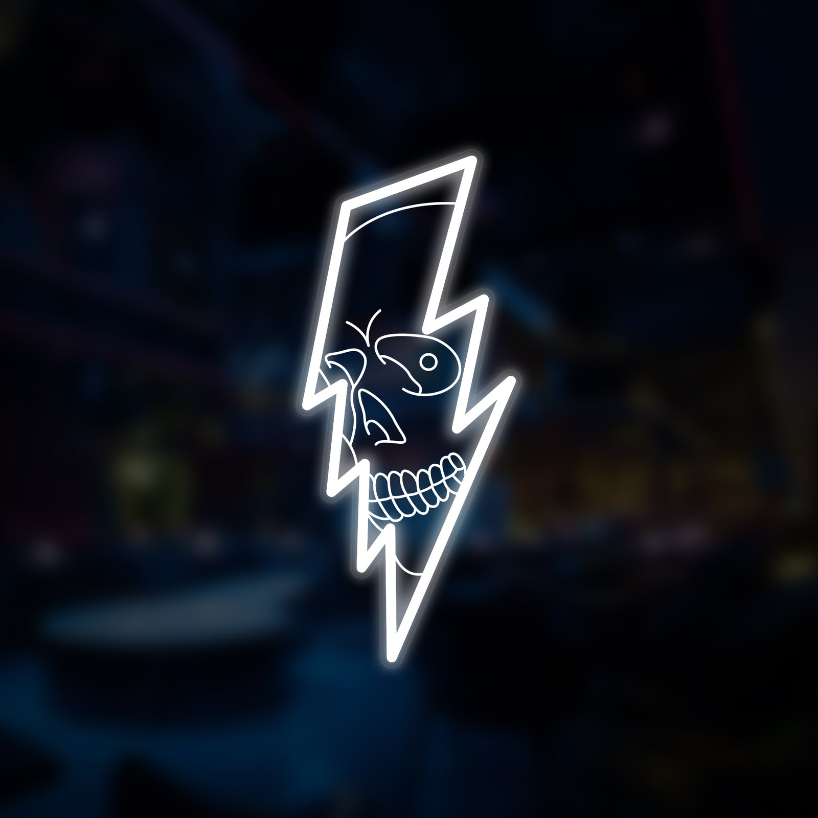 Digital mockup showing the graphic outline of the 'Lightning Bolt Skull' mini neon design on a dark background.