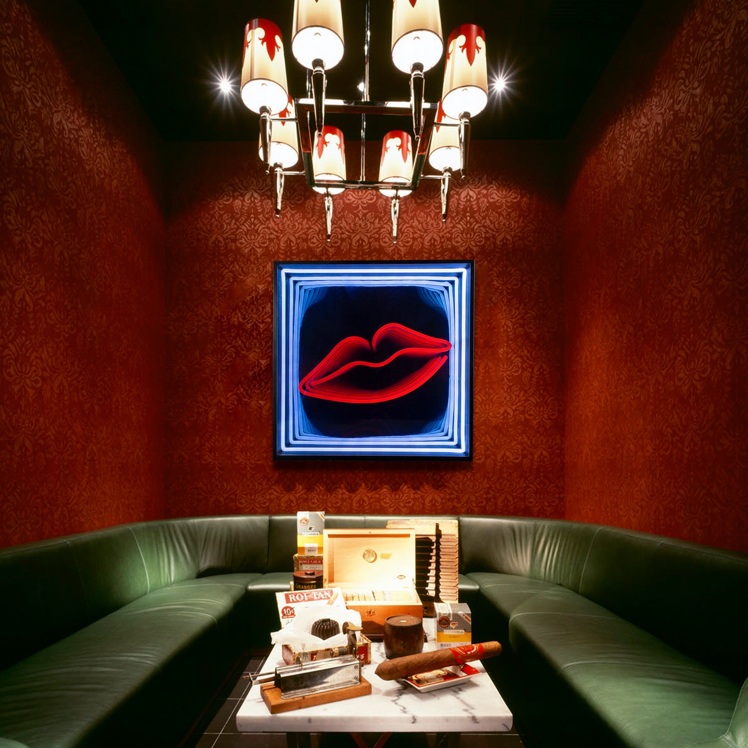 A physically real "Lips" infinity mirror neon sign with layered glass tubes, shown in a rustic cigar lounge setting.
