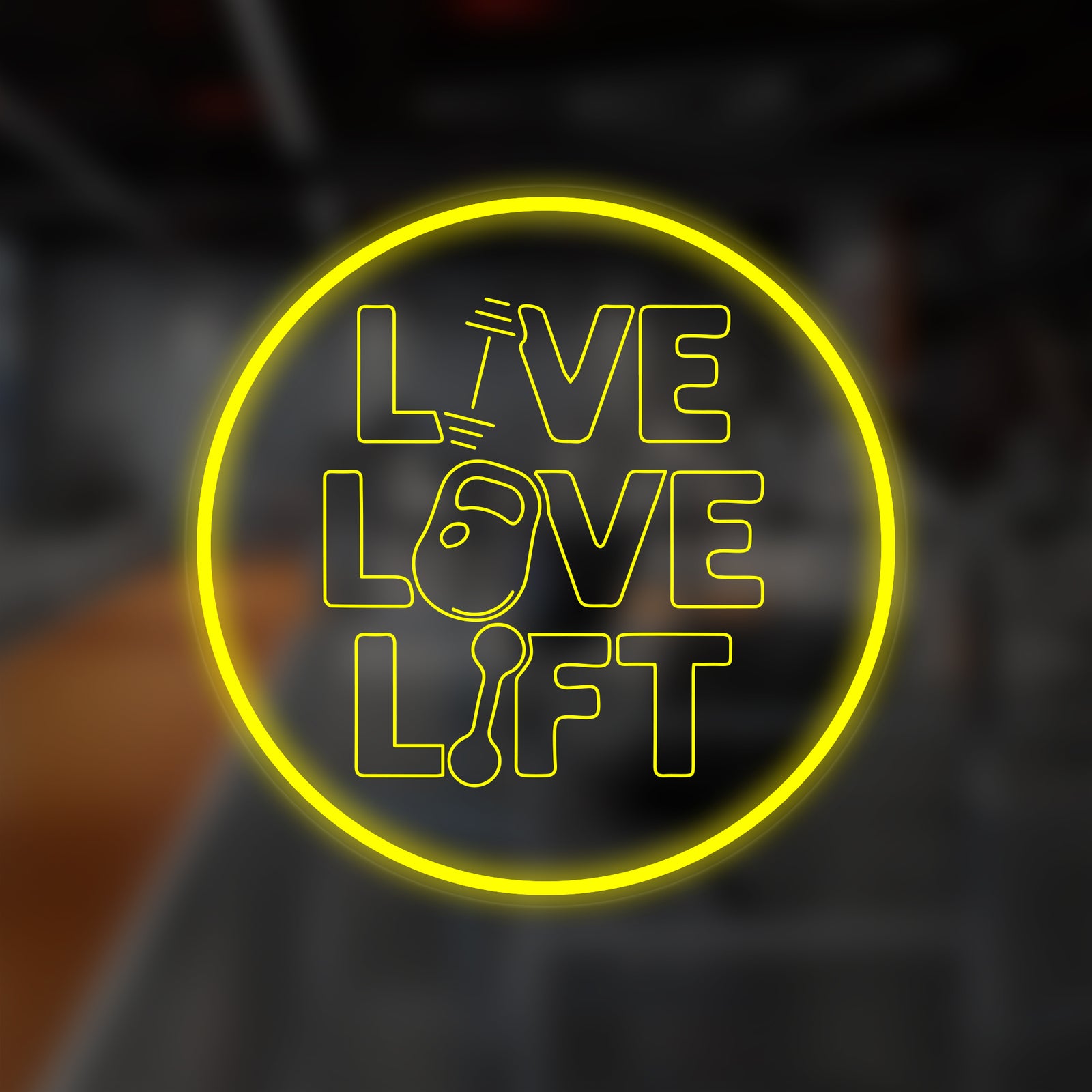 A graphic representation of the 'Live Love Lift Home' neon sign glowing in white, superimposed over a blurred gym background.