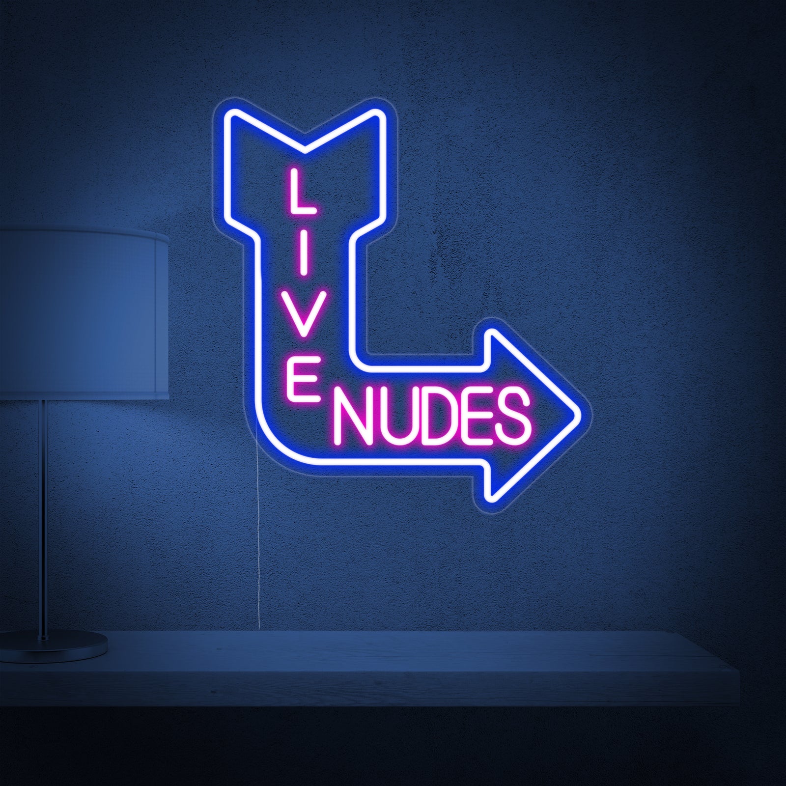 A close-up view of the glowing red 'Live Nudes' neon sign, emphasizing the detailed tubing, clear acrylic backing, and mounting hardware.