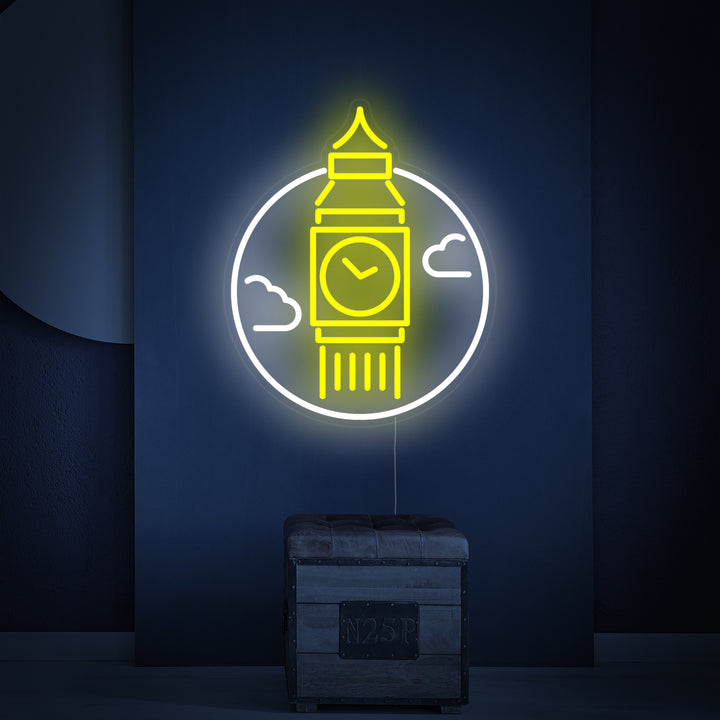 Detailed close-up of the Big Ben neon sign