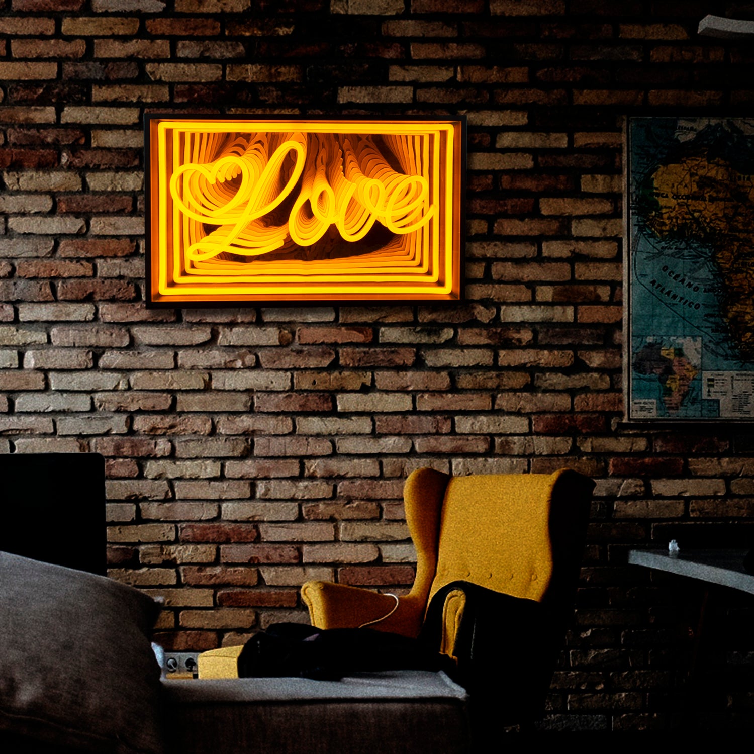 The "Love" 3D Infinity Neon Sign displayed on a wall in a beautifully decorated room.