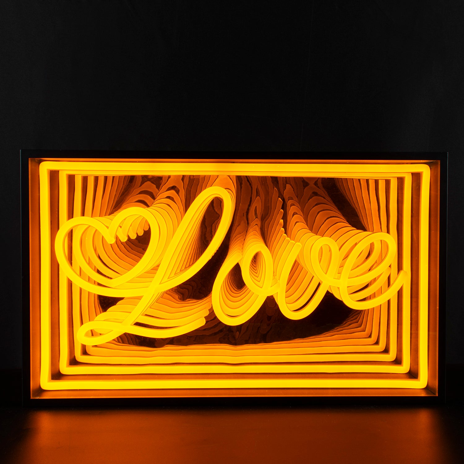 A "Love" 3D Infinity Neon Sign glowing brightly on a dark background.
