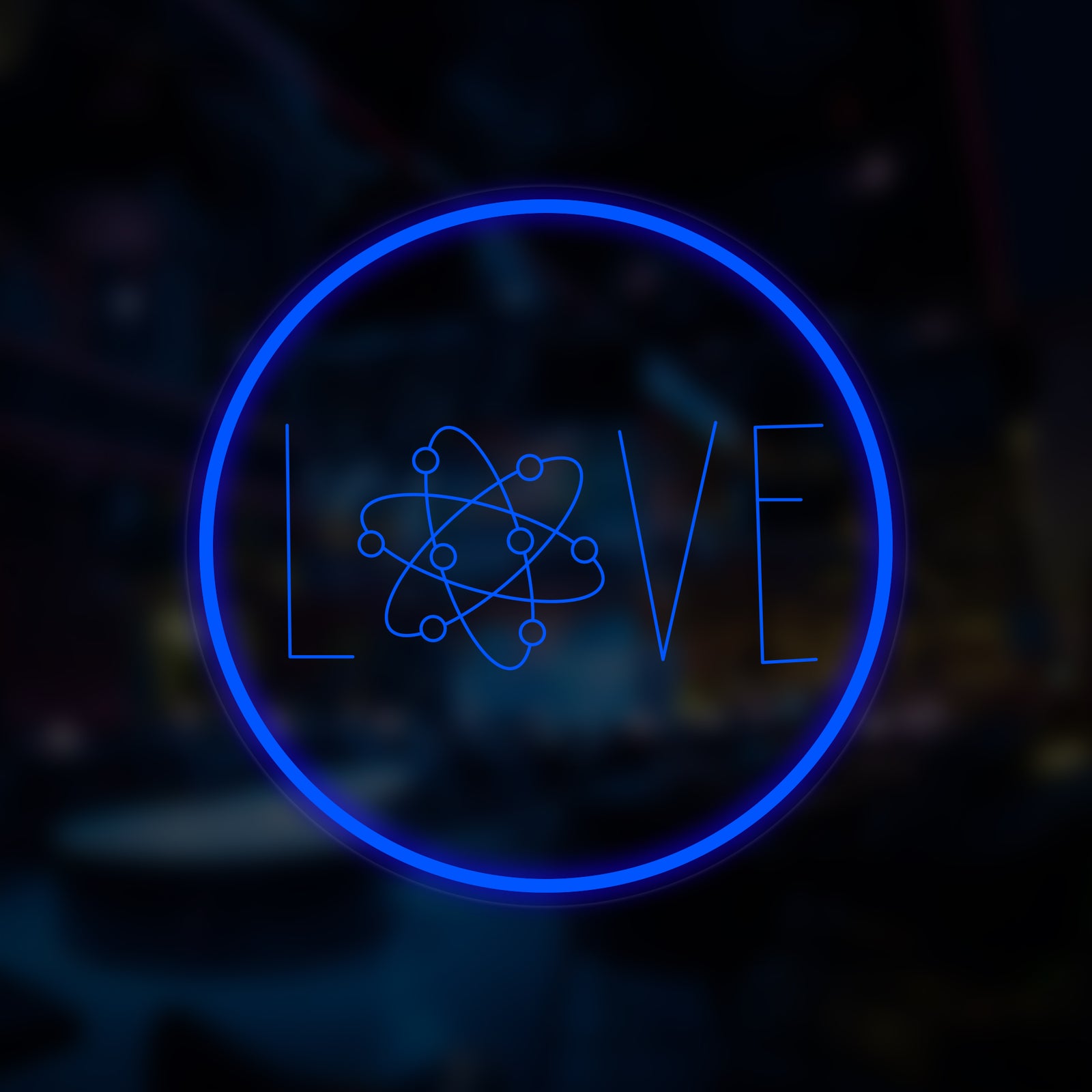 Digital illustration of a Love Atoms mini neon sign glowing against a blurred background.