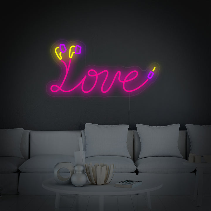 The 'Love Earphones Cable' neon sign design featuring a heart and headphone cord motif.