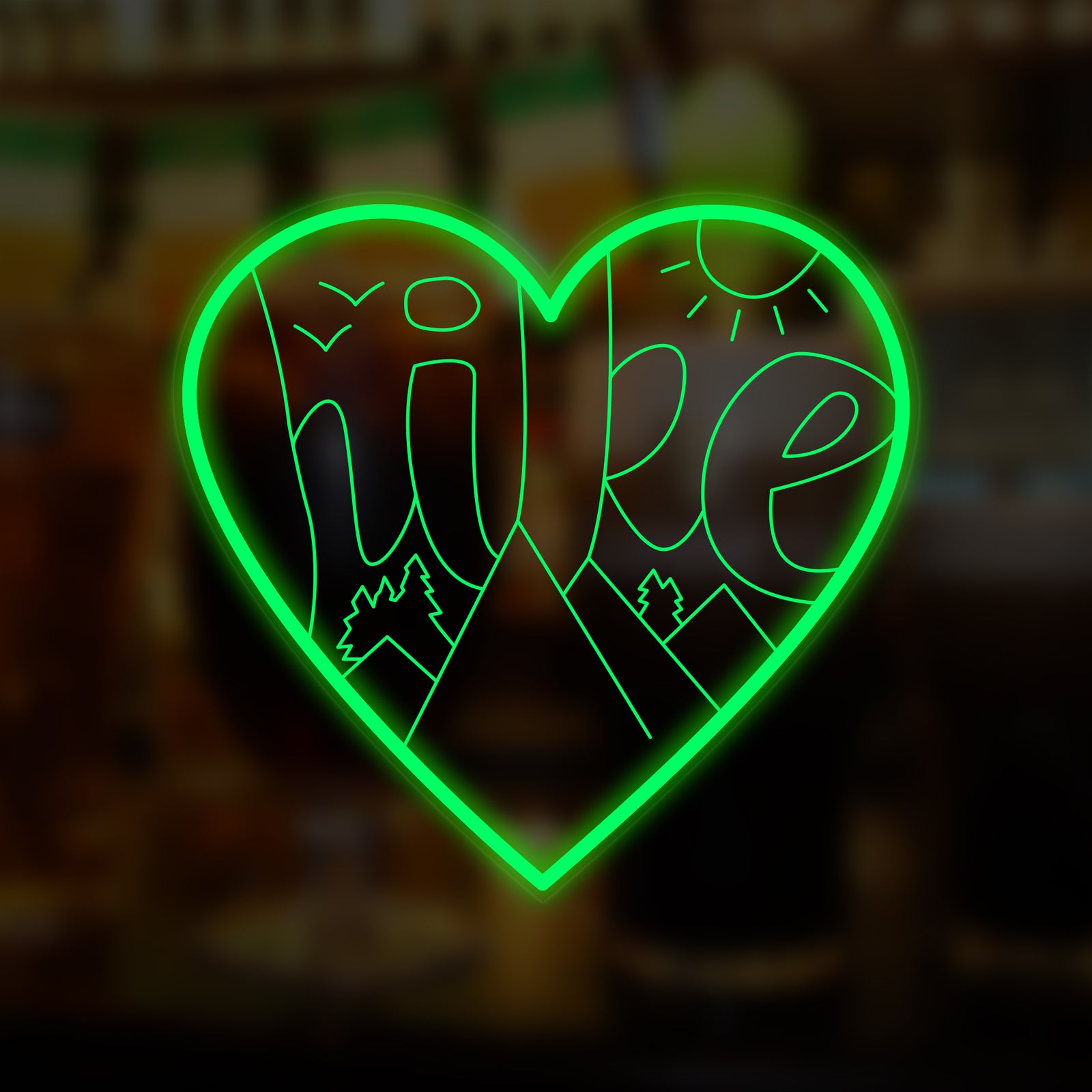 Graphic mockup of the 'Love to Hike' neon sign text glowing blue against a dark background.