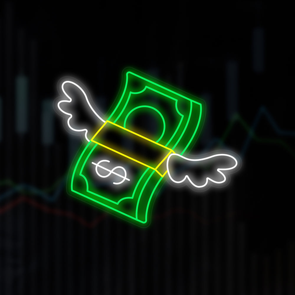 Close-up digital graphic design for the Lucky Dollar neon sign against a black background with subtle white lines.