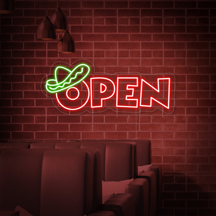 A close-up view of the glowing neon tube lighting for the Mexican Restaurant Open sign, highlighting its color and design against a subtle backdrop.