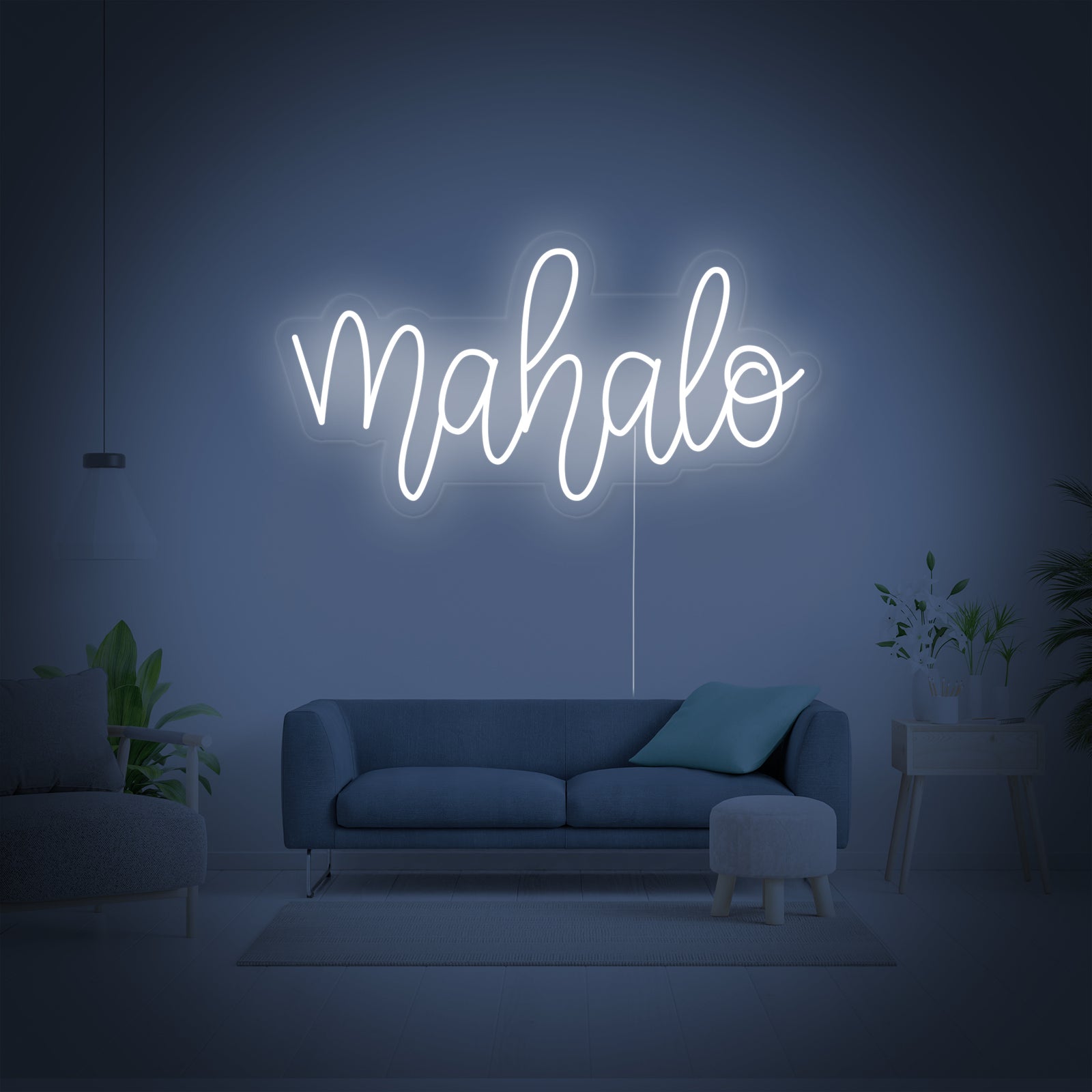 Detailed product shot of the 'Mahalo' neon sign, showing the glowing tubes and backing against a neutral background.