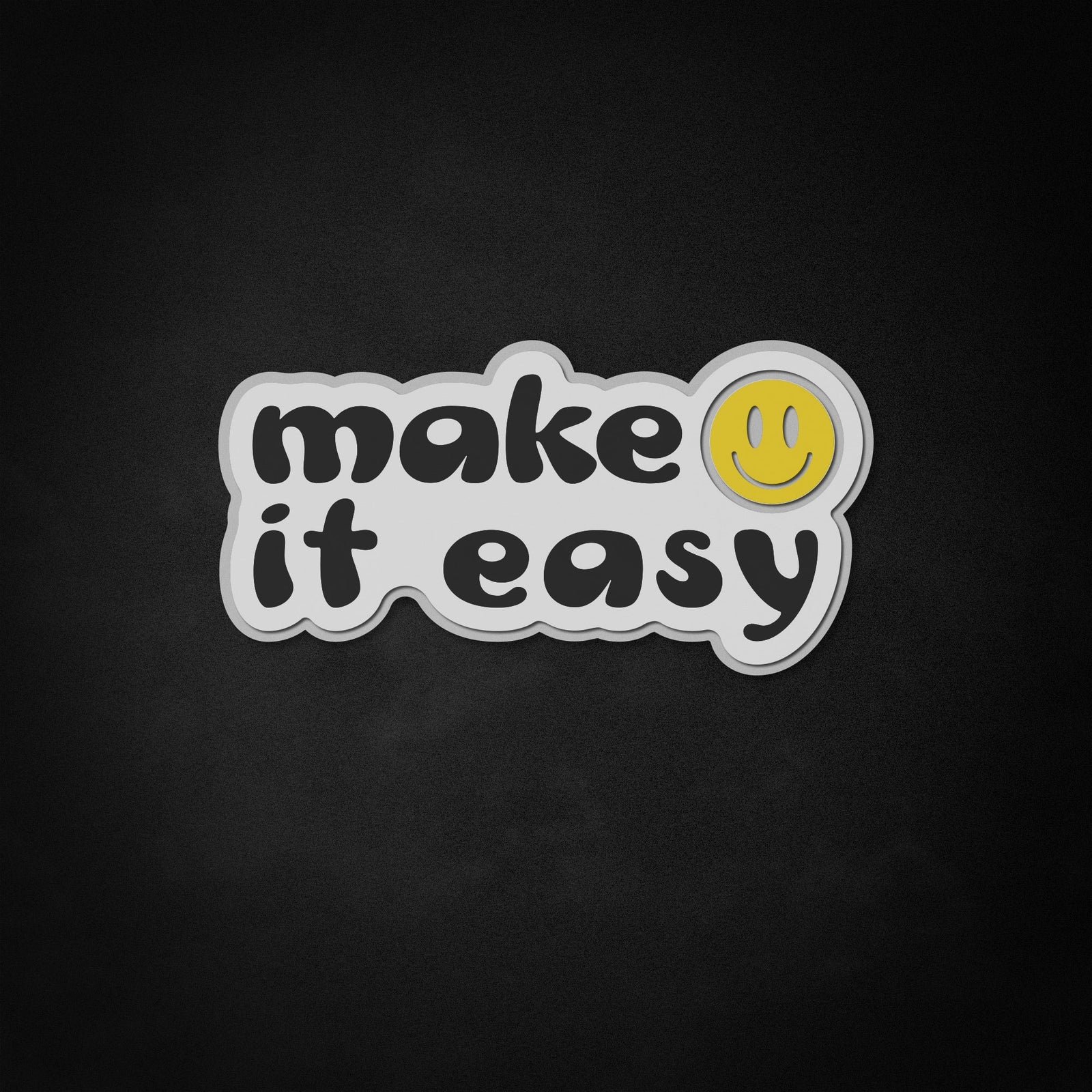 A closer look at the intricate, stylized design of the 'Make It Easy' sign, highlighting the sculpted components and vibrant neon effect.