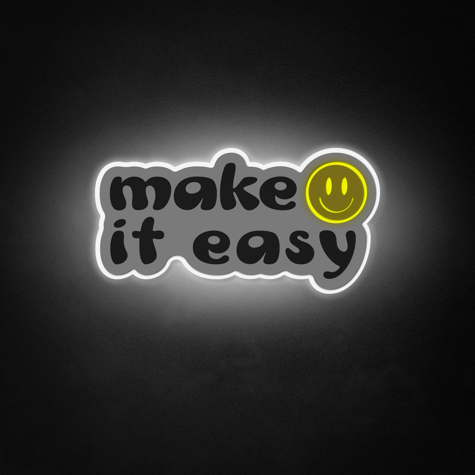 A graphic representation of the 'Make It Easy' neon like sign, featuring orange glowing text and a cheerful happy face icon, set against a dark, textured brick wall.