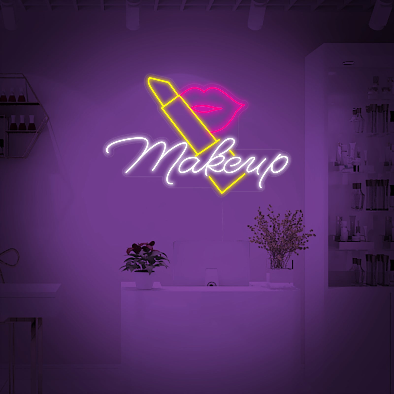 A close-up view of the glowing pink and white "Makeup Lipstick" neon sign, clearly showing the lipstick design.