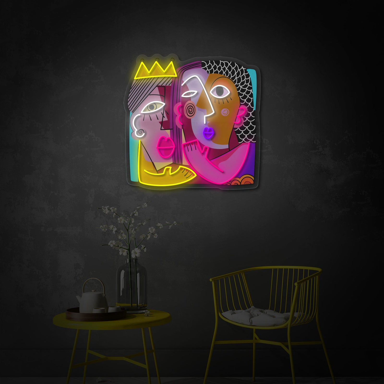 A stylized representation of the 'Man and Woman' UV print neon sign showing intricate abstract patterns and glowing accents on a dark background.