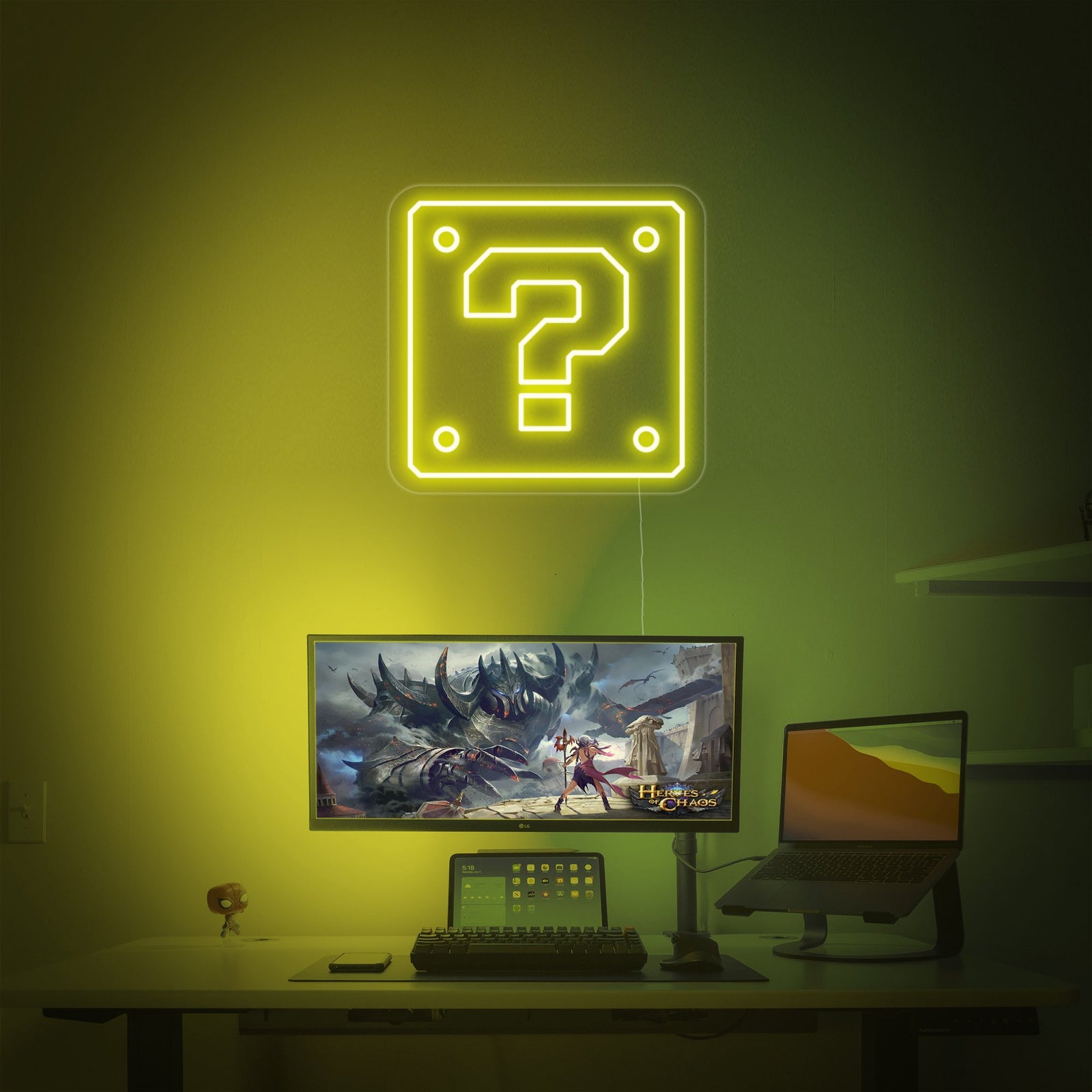 A close-up view of the illuminated yellow question mark block neon sign against a dark, minimalist wall, highlighting the neon tubing design.