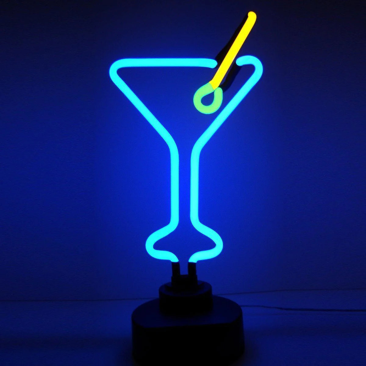 Martini neon sign glowing in a home bar setting