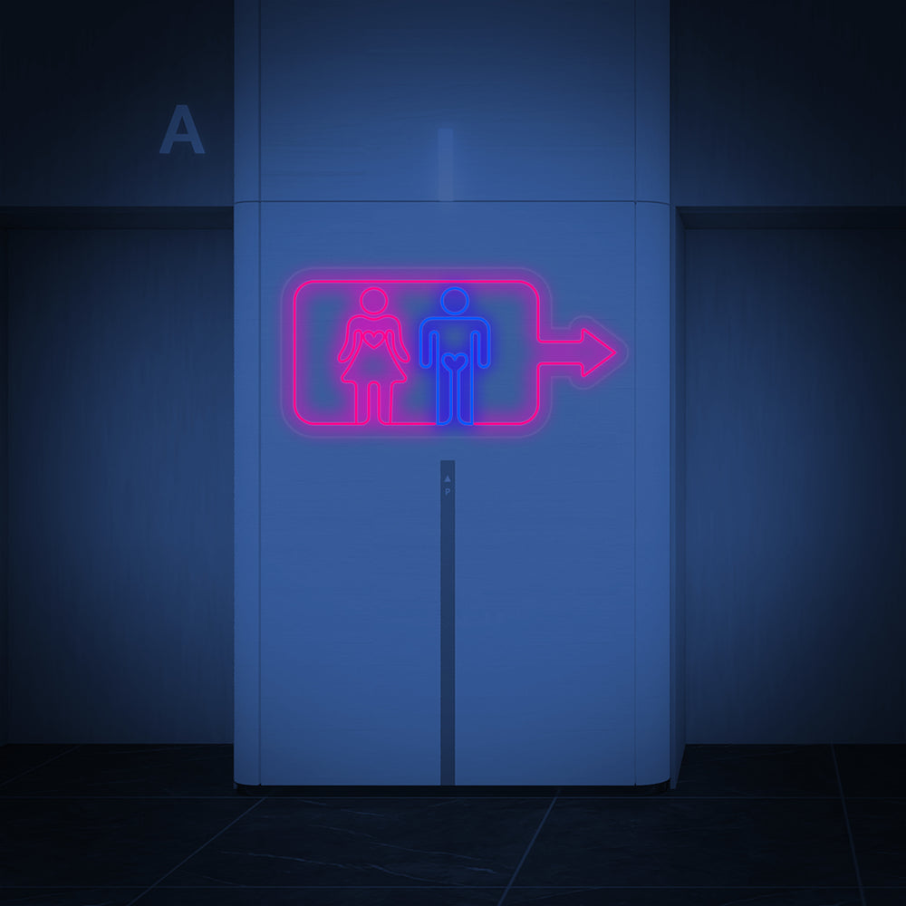 A clean graphic representation of the 'Men Women Toilet Washroom Wall' neon sign showing the distinct glowing lines.