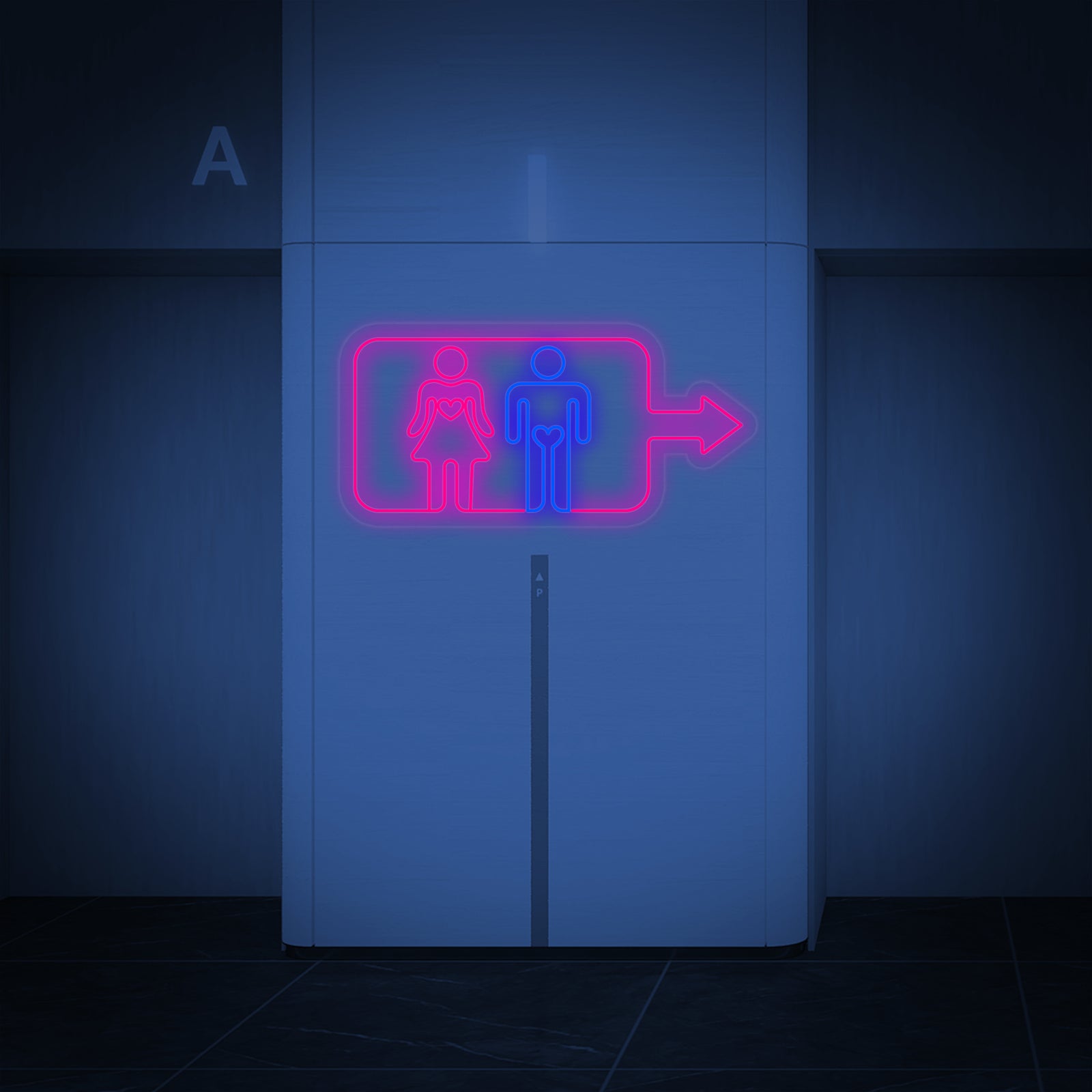 A clean graphic representation of the 'Men Women Toilet Washroom Wall' neon sign showing the distinct glowing lines.