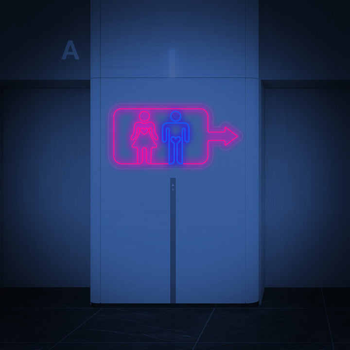 A clean graphic representation of the 'Men Women Toilet Washroom Wall' neon sign showing the distinct glowing lines.
