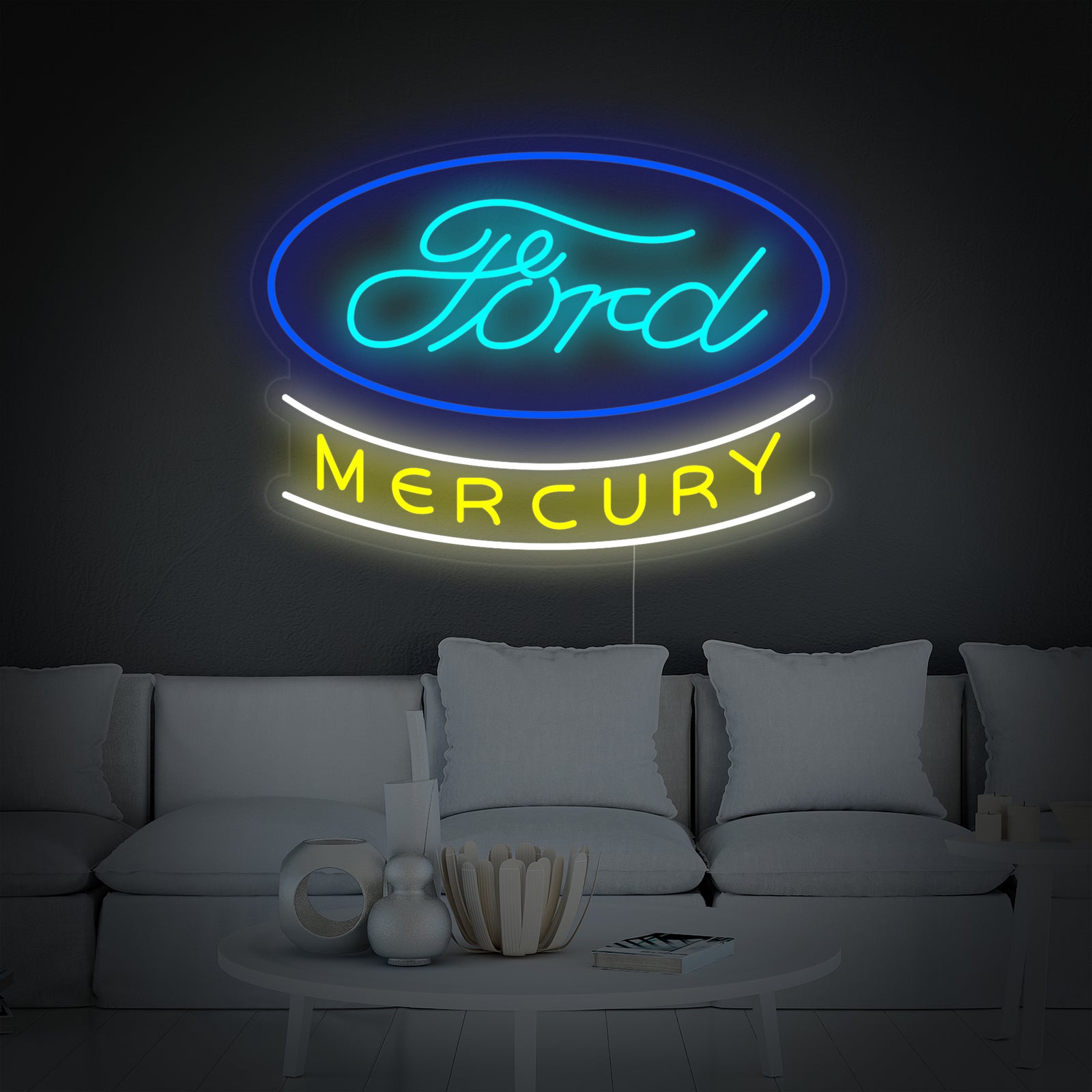Close-up graphical design of the classic Mercury script and god messenger logo rendered in neon tubing