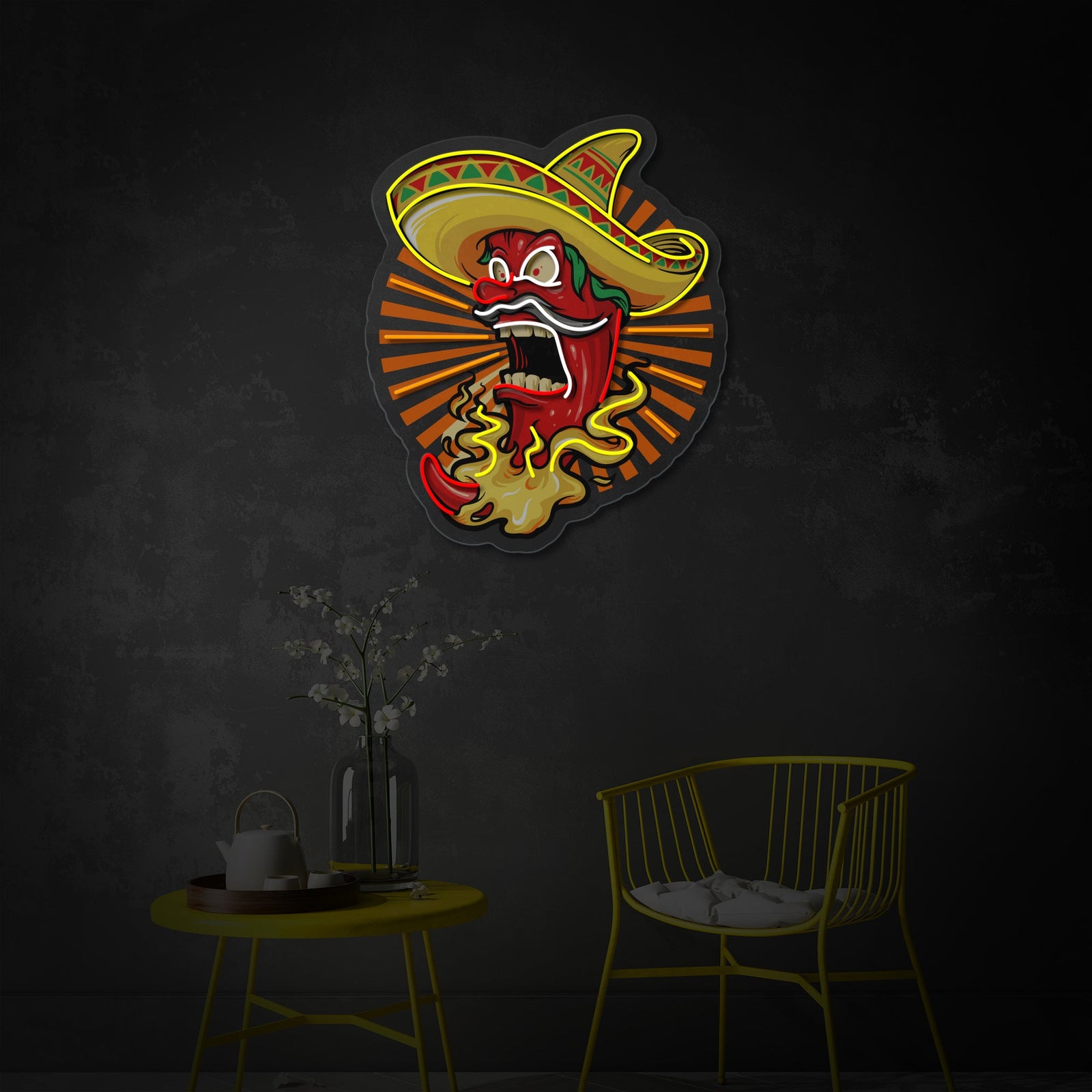 A close-up view of the Mexican Red Hot Chili Pepper neon sign illuminating a brick wall above a bar area.