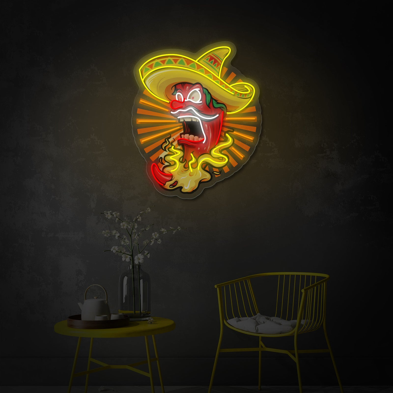 Mexican Red Hot Chili Pepper wearing a sombrero UV printed neon sign lit up in a restaurant setting with wooden furniture.