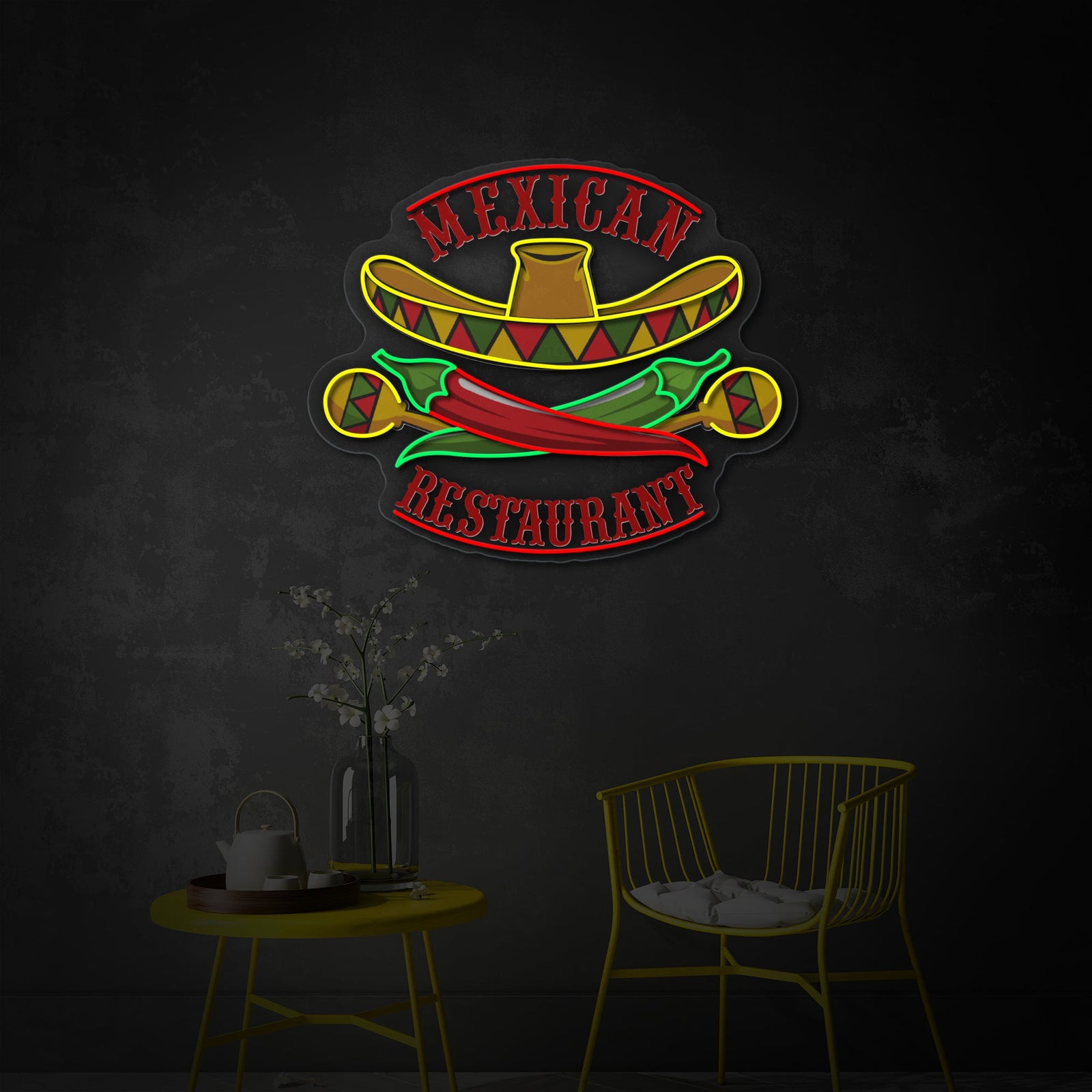 A graphic representation of the Mexican restaurant themed neon sign showing the sombrero, maracas, and chili pepper design.