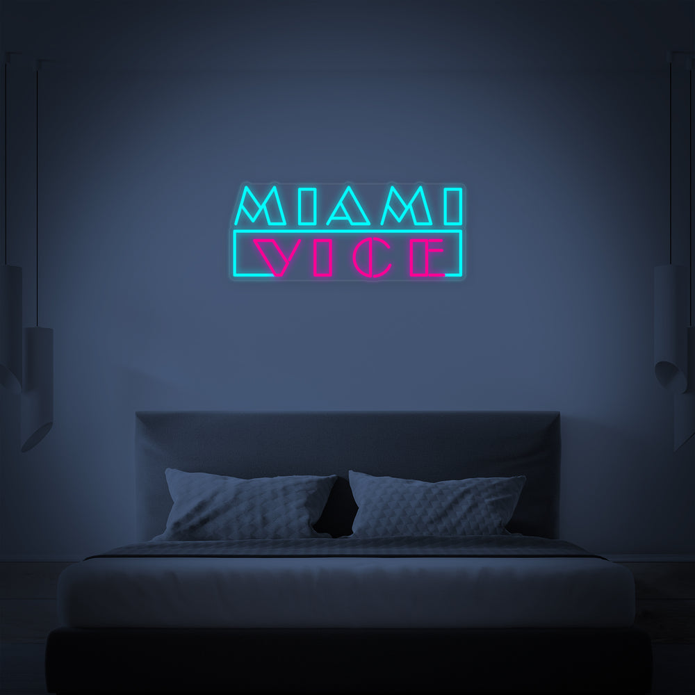 Close-up view of the detailed 'Miami TV Series' neon sign design featuring stylized tropical and retro elements.
