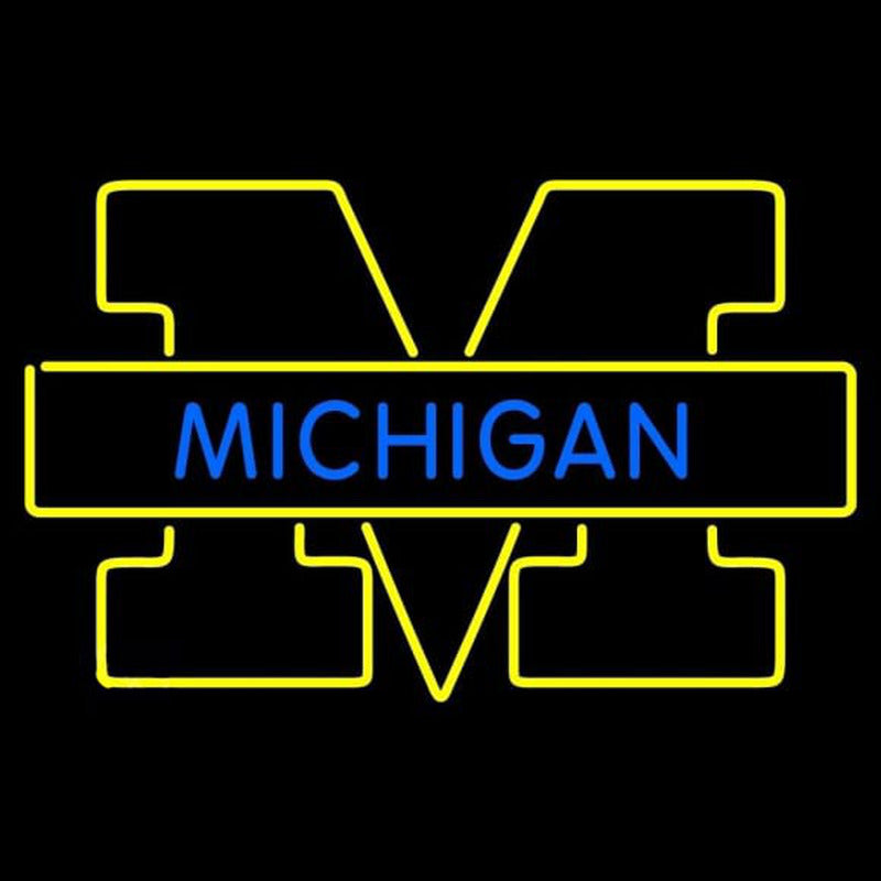 A direct, front-on view of the glowing Michigan M neon sign against a black background, showing the crisp, bright blue and yellow light outline of the iconic block M shape.