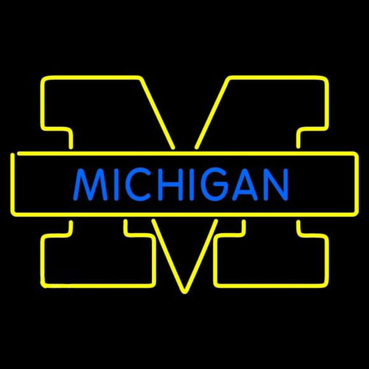 A direct, front-on view of the glowing Michigan M neon sign against a black background, showing the crisp, bright blue and yellow light outline of the iconic block M shape.