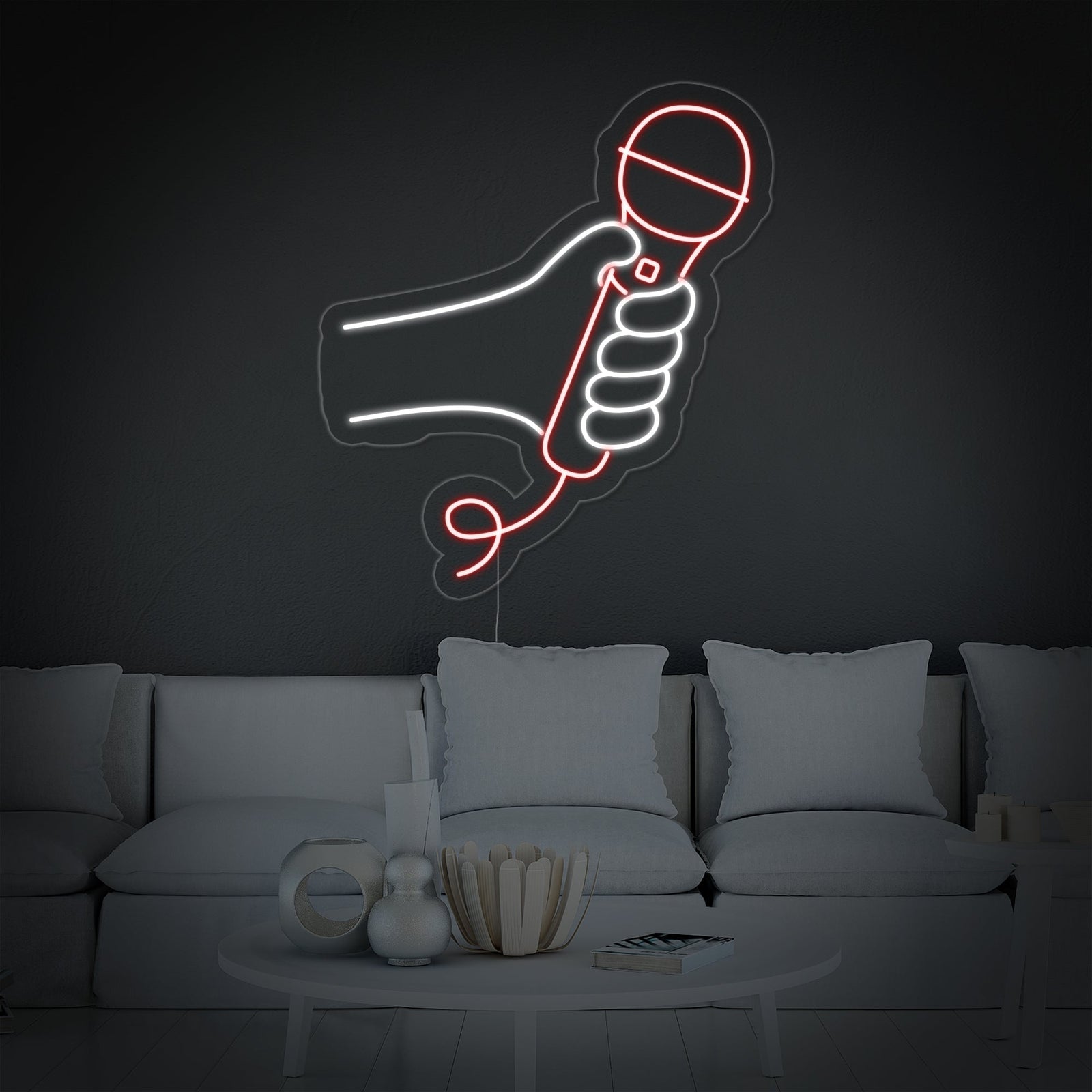 A clean graphic representation of a retro-style microphone glowing with bright neon lines and an visible outline mounting board.