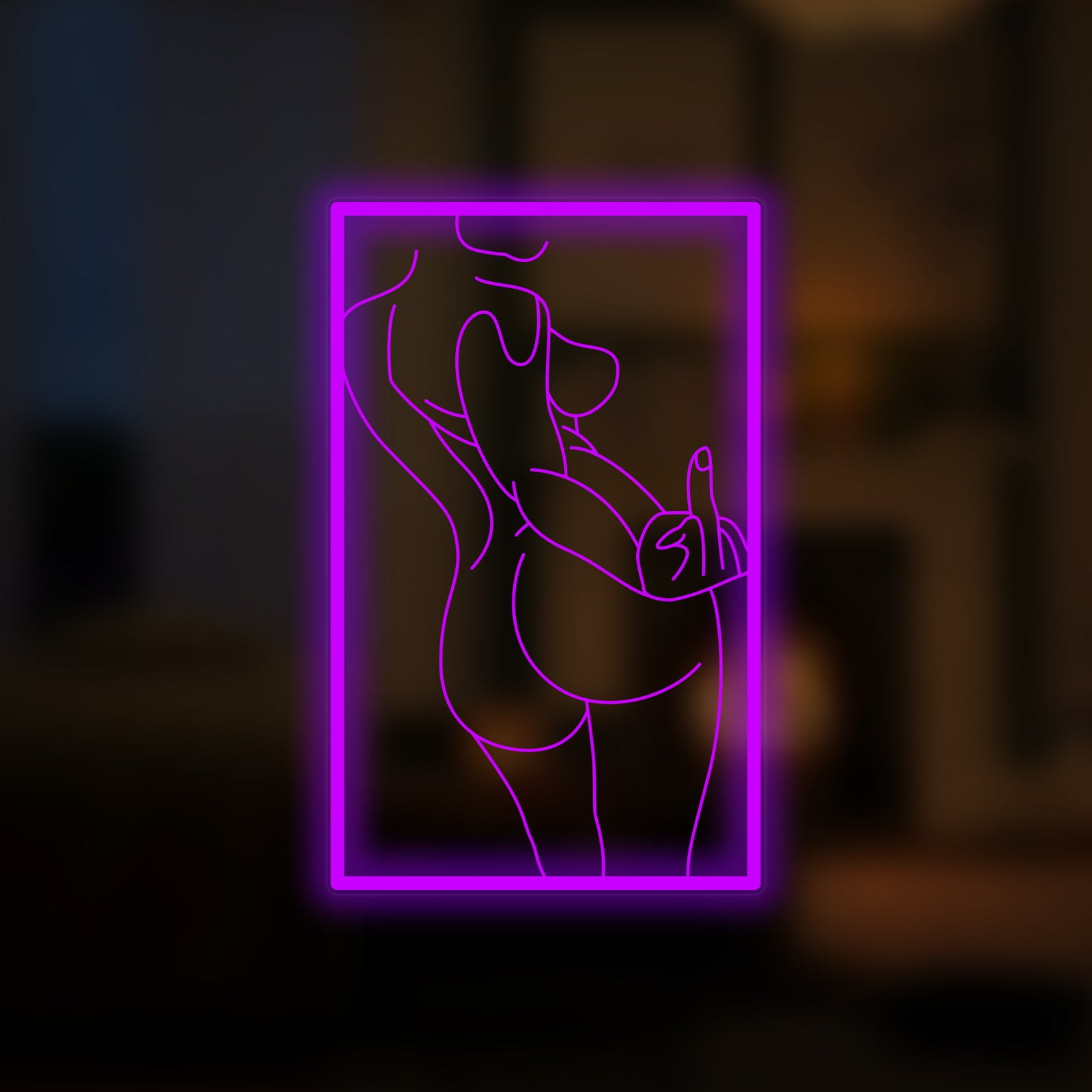 A vibrant 'Middle Finger Woman' mini neon sign glowing brightly.