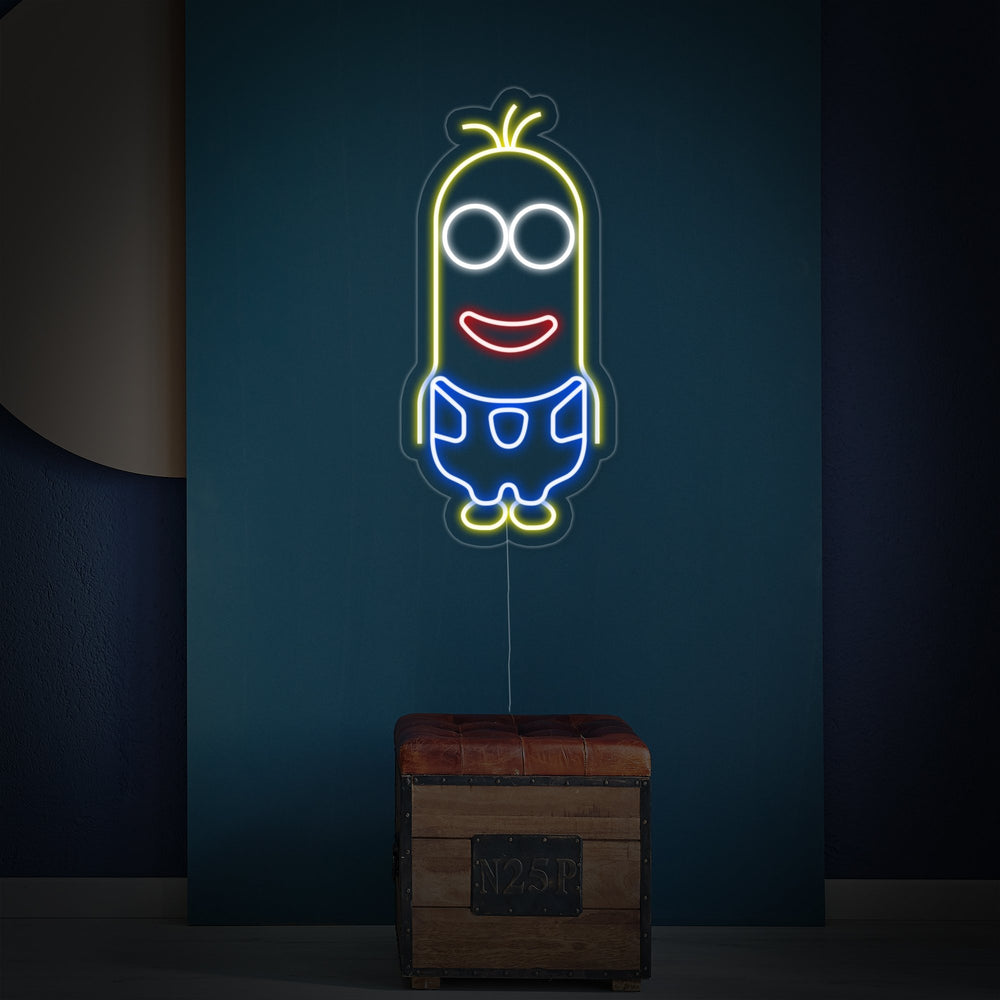 Detailed close-up showing the intricate design of the Minion neon sign.