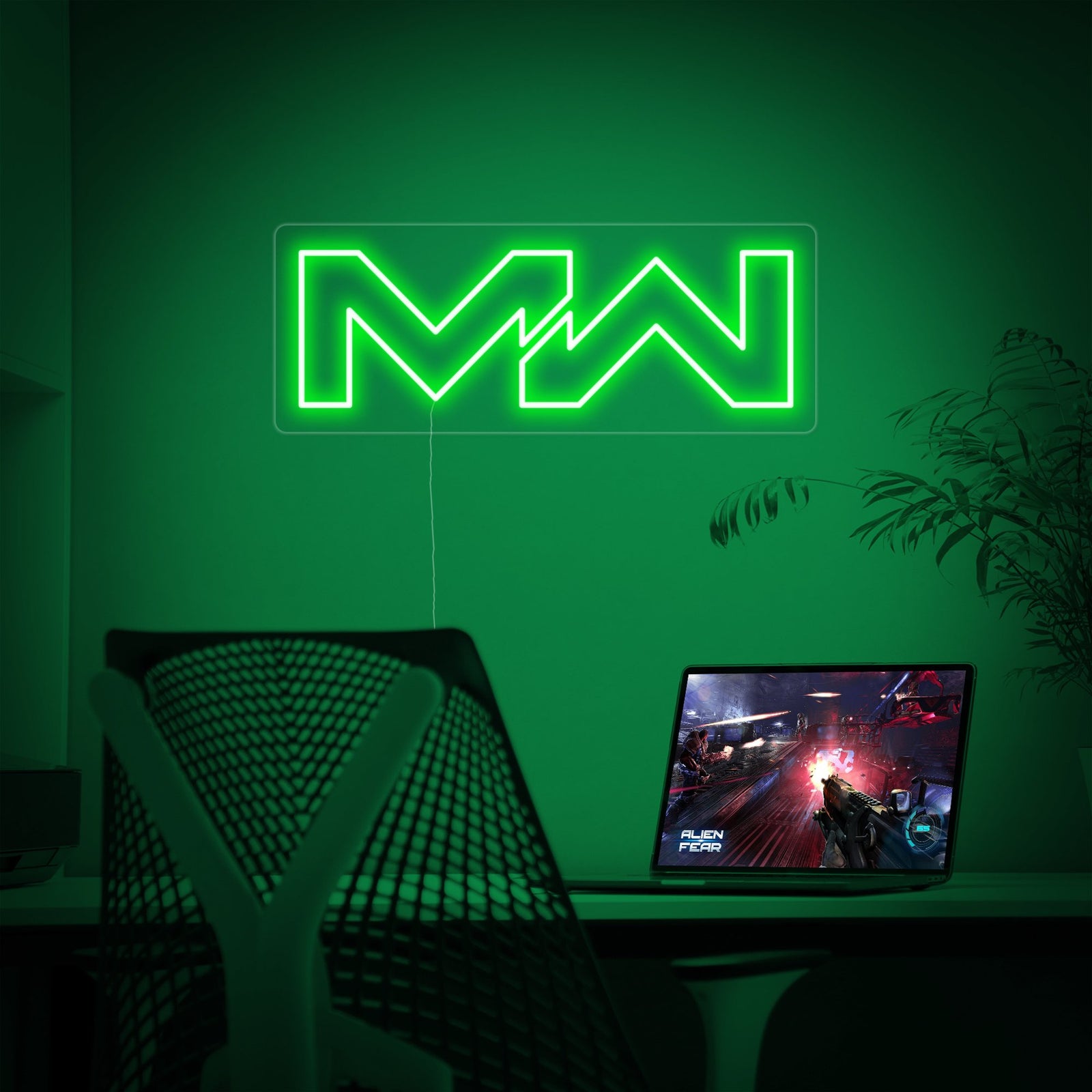 A detailed image of the MW neon sign with realistic reflections on the acrylic backplate, shown against a real-looking background.