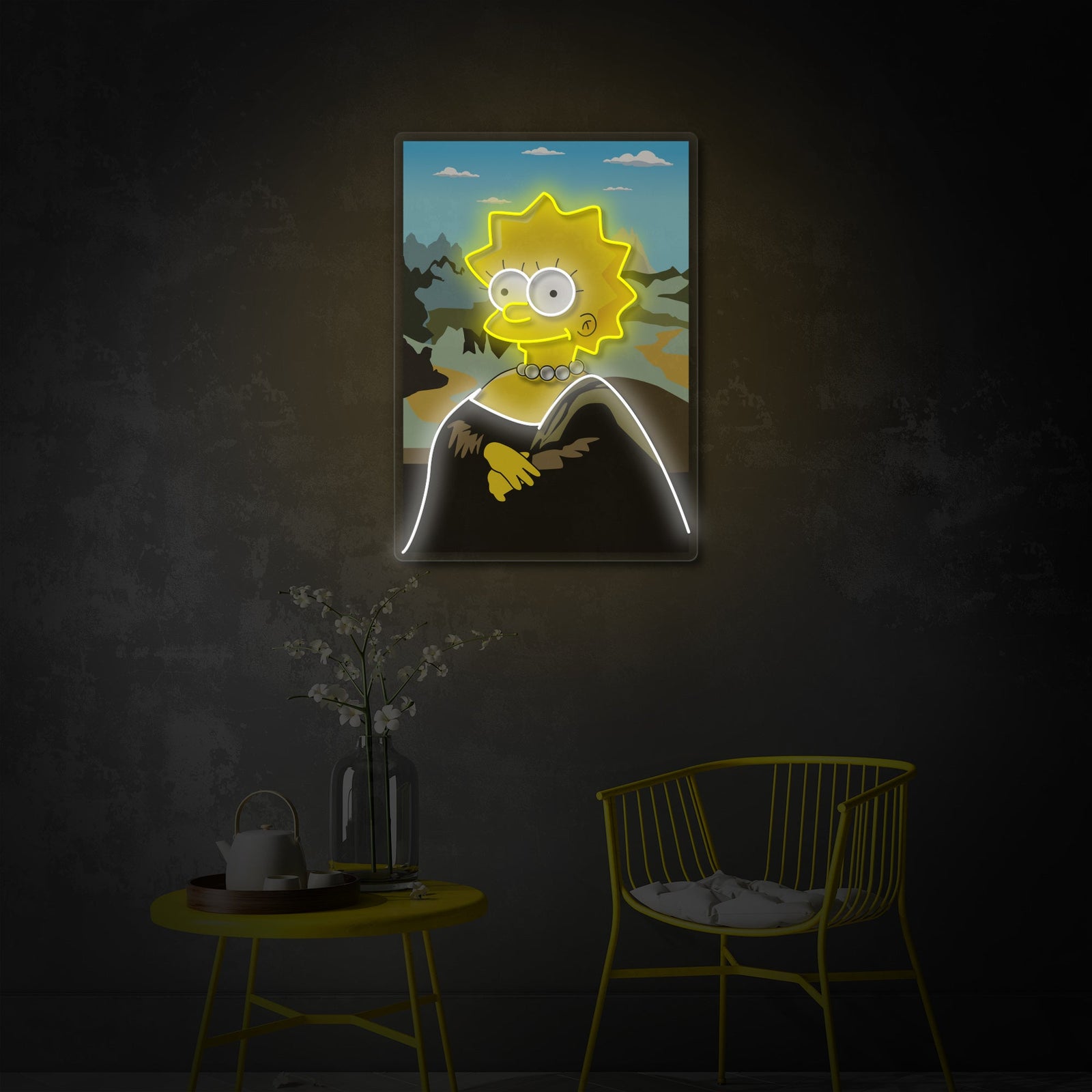 A wall-mounted glowing UV print neon sign depicting a cartoon character parody of the Mona Lisa, illuminating a modern living room setting.