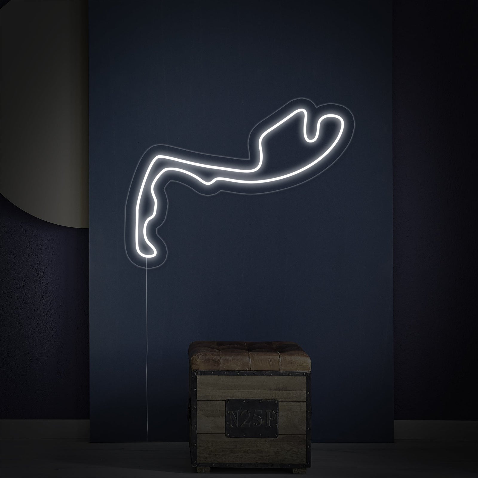 A clean visualization of the glowing white and blue "Monaco F1 Track" neon sign, showcasing the iconic circuit layout.
