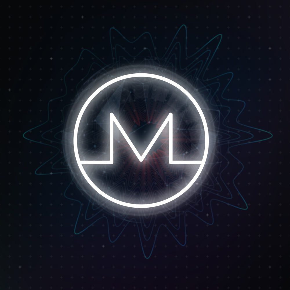 Digital vector art style graphic showing a glowing Monero XMR 'M' logo floating in front of a blue and orange data point and digital grid background.