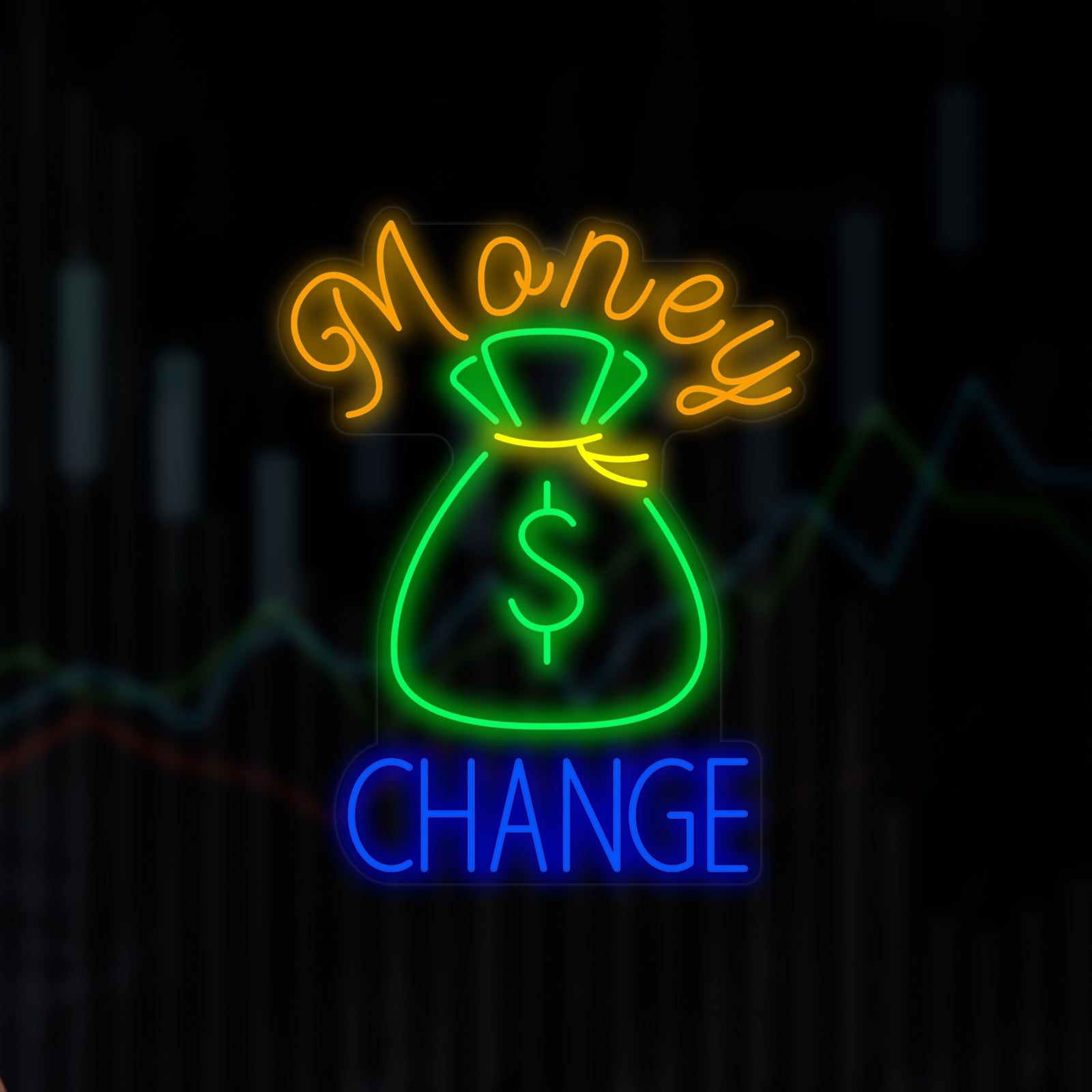 Close-up of the 'Money Change' neon sign glowing against a dark, stylized backdrop.