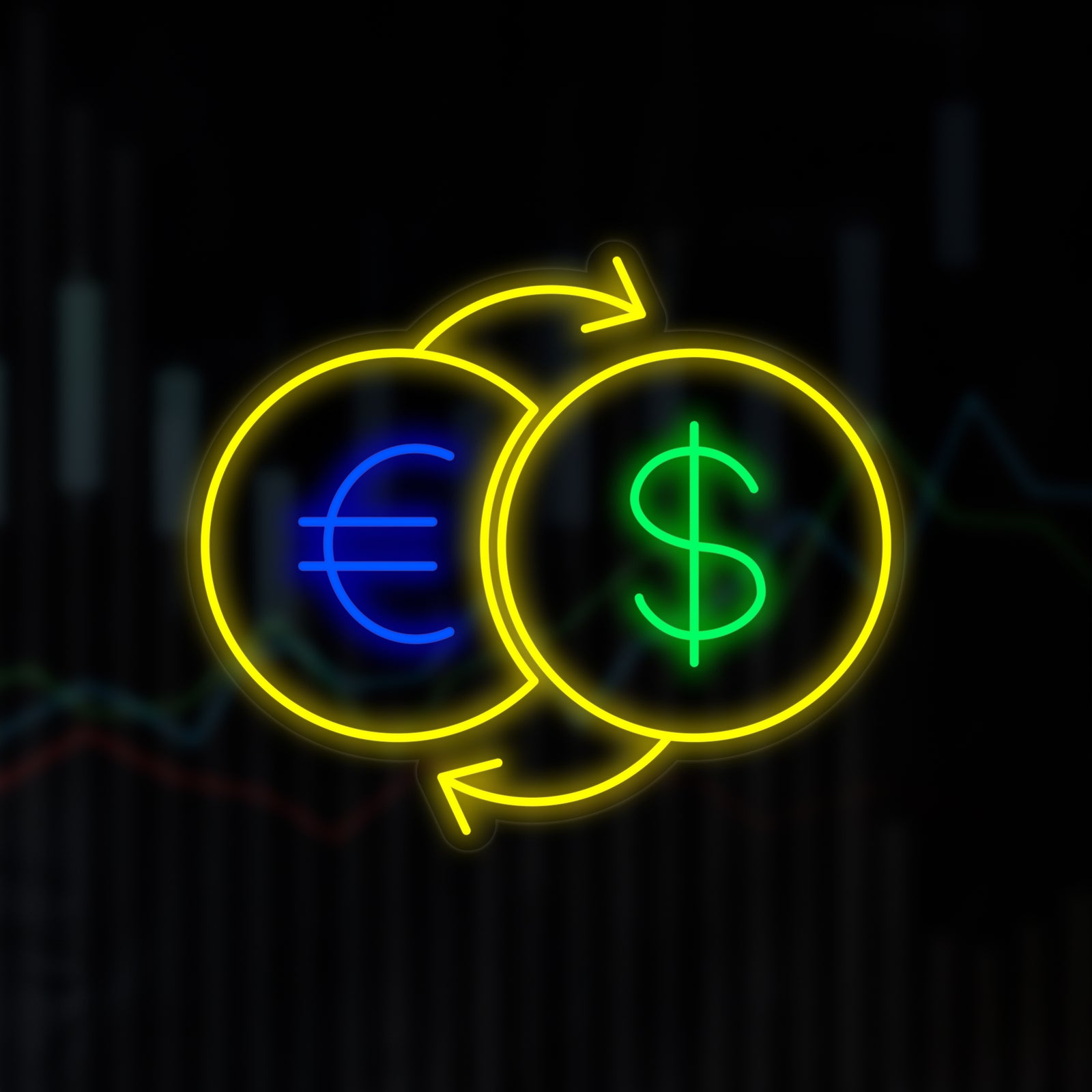 A clean, graphic rendering of a 'Money Exchange' neon sign concept against a dark, textured background.