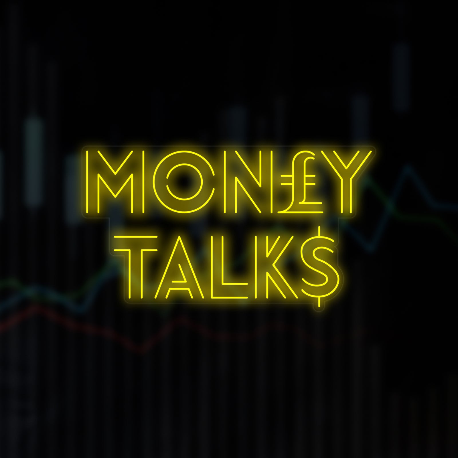 A close-up view of the flat graphic design of the "Money Talks" neon sign against a blurred background.