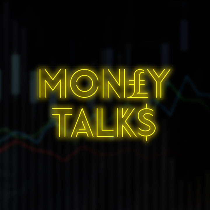 A close-up view of the flat graphic design of the "Money Talks" neon sign against a blurred background.
